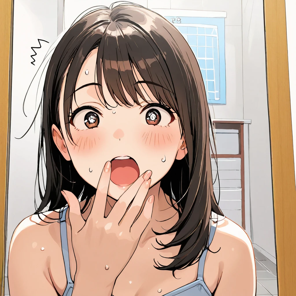 A young Japanese woman, 25 years old, looking at a mirror with her mouth open in surprise. She has natural, smooth skin, expressive eyes, and a delicate facial expression. The reflection in the mirror is realistic and matches her pose. The setting is a well-lit room with soft, natural lighting. Her hair is neatly styled, and she is wearing casual yet stylish clothing.