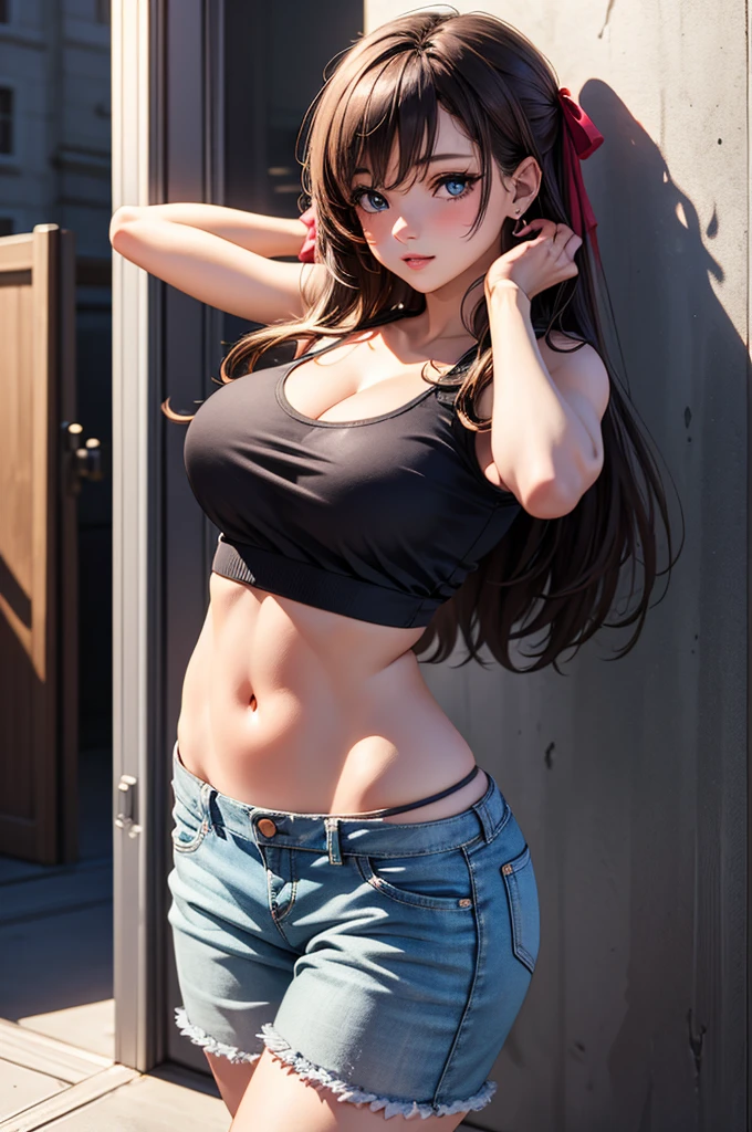 1girl, breasts, thigh strap, belt, solo, pink headwear, hair ornament, blue eyes, hat, body writing, looking at viewer, mole, cowboy shot, collarbone, brown hair, bra, underwear, long hair, pink bikini, pink bra, medium breasts, buckle, off shoulder, beanie, baseball cap, bare shoulders, jacket, skindentation, rating:safe, shorts, belt buckle, clothes writing, flower, blush, artist name, pink shirt, bikini, cleavage, mole under eye, pink scarf, standing, open clothes, swimsuit, facial mark