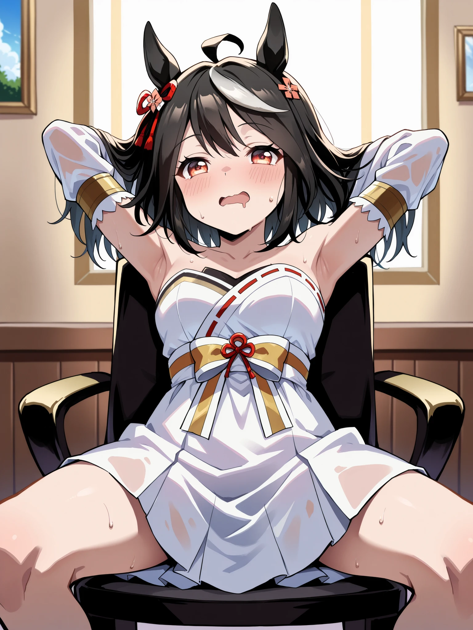 wet skin,armpits,( masterpiece, super accurate, 16k, RAW photo, complicated ), (Sharp Focus , vivid details), (wide color range, vivid details ), noise reduction , one girl on her back , (( Kitasan Black \( Uma Musume\)), (HALF CLOSED EYES, [Sleepy eyes:1.5), ( embarrassed face), (sit on a chair, open legs), ( Official Costumes), (whiteいパンティを見せる:1.9), skirt that crosses, sweat, Weaknesses:1.5, drool, (Cowboy in the drawing room), white, Joyful Star Kiss High School , long sleeve, white毛皮の襟, armlet, white strapless japanese dress , Parallel Side Straps