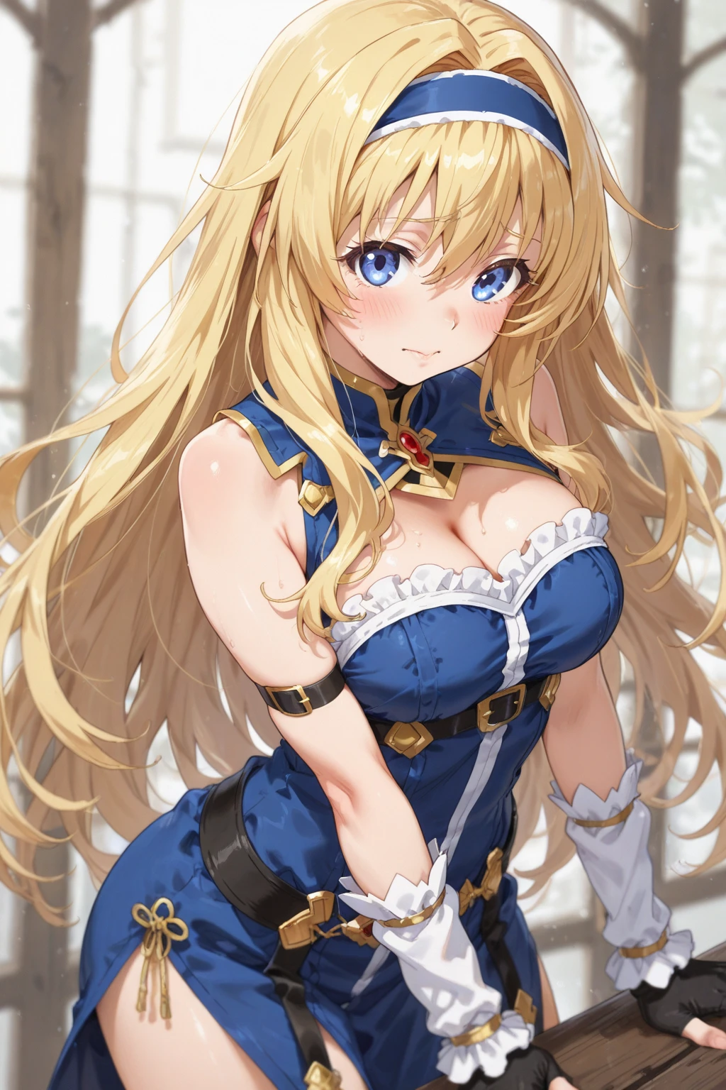 priestess, blonde hair, blue eyes, long hair, hair between eyes,upper body,sitting,knees to chest,(white panty,panty shot),(cameltoe),(blush,embarrassed),
boots, dress, frilled sleeves, frills, hat, white headwear, pelvic curtain, high heels, robe, thigh boots, thighhighs, white thighhighs, long sleeves, puffy sleeves,top-quality,Top image quality,perfect anatomy,masterpiece,ultra-detailliert,Beautiful,ultra-quality, best quality,high resolution, ultra-detailed,game cg,dutch angle ,beautiful detailed eyes,visualart,five fingers, perfect hands, perfect lighting,