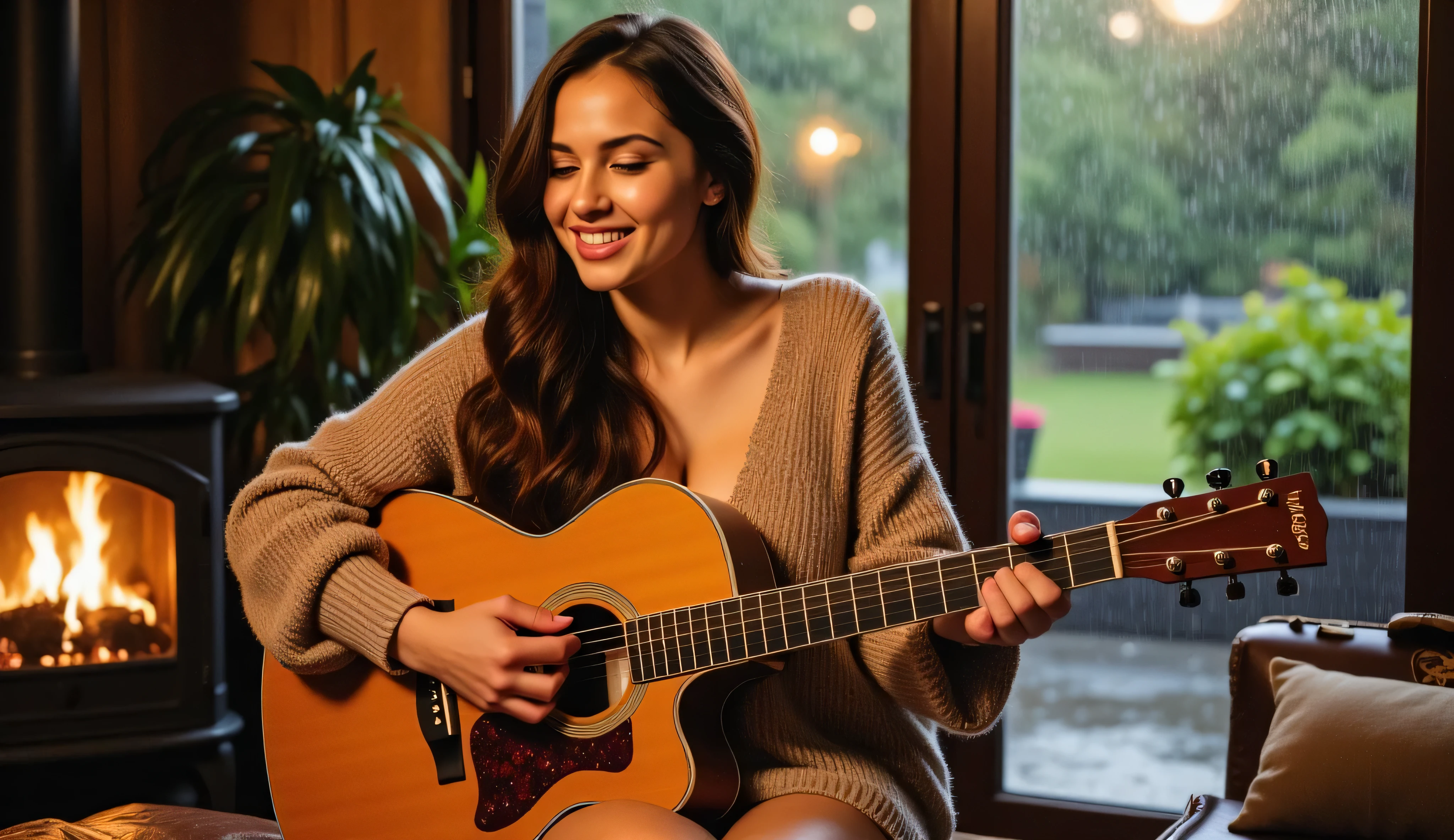 A young woman with long, wavy brown hair sits comfortably in a warm, inviting room, playing an acoustic guitar while singing with deep emotion. She wears a cozy, oversized knit sweater in an earthy tone, embodying a relaxed yet artistic style. Her eyes are slightly closed, and her expression is filled with passion as she immerses herself in the music. The soft glow of a fireplace flickers in the background, casting a golden hue across the room. A large glass wall behind her reveals a lush, serene garden outside, where rain gently falls, creating soft ripples in puddles and streaks on the glass. The contrast between the cozy warmth inside and the cool, rainy outdoors enhances the intimate and peaceful atmosphere, making the scene feel nostalgic and cinematic.