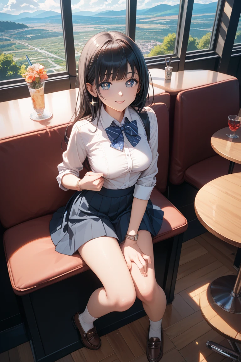 (best quality, 8k, highres, photorealistic:2.0), (solo, one girl:2.0),(lighting: strong),(lighting: front),(big smile girl:1.2),(very muscular girl:2.0),(bodybuilder girl:1.5),(shiny skin:1.5),(brown hair color:1.5),(Open your bent legs to the limit:1.5),(raise both arms behind your head:1.5),(black loafers:1.5),(white collar shirt),(long sleeve shirt:1.3),(tight shirt:1.7),(unbutton one's shirt),(short socks),(white socks:1.1),((blue pleated skirt)),((blue skirt)),((Wearing cute white panties)),(orgasm),((Girl leaning on an old leather sofa)), very beautiful girl, Blush brown makeup , dark eye makeup ,(The shape of erect nipples appears on the surface of the shirt:1.0),(small breasts:1.2),