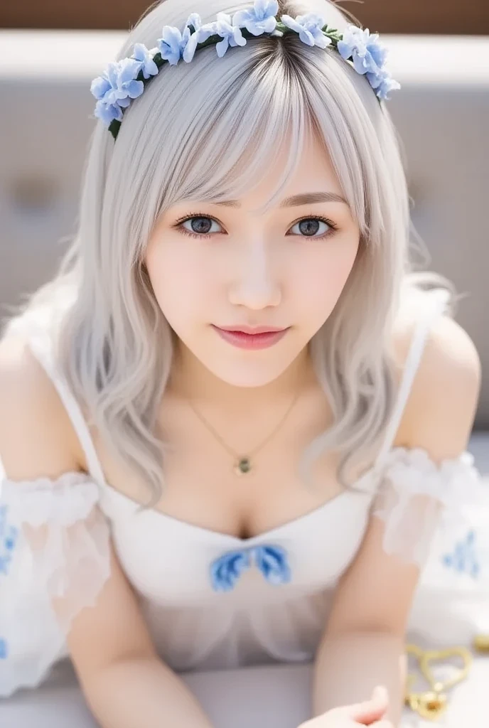 (Thin eyebrows)、(((((Closed mouth)))))、((Very strong sunlight))、((((Beautiful silver hair))))、((small head))、(Beautiful silver hair with short wavy:1.2)、FULL BODYSHOT、(((8K, Raw photography)))、 (((The face is Enako of a cosplayer)))、(extremely delicate and beautiful)、(​masterpiece)、(top-quality:1.0)、(超A high resolution:1.0)、realistic shadow、[hight resolution]、 Detailed skin、ultra-detailliert、(Beautiful hair)、Photorealsitic、Lifelike face、??????????? thin waist、realisticeyes、Small eyes、is looking at the camera、(((between ???????)))、(eye liner)、(mascara)、 Lips with pink lips、((Very happy smile))、Show shoulders、Complex patterns and transparent materials、Artistic depiction of seductive women, Emphasizes her charming silhouette。The scene is、Basking in the hot sun、It makes you feel the delicate beauty and charm of nature。(((intricate detailes))、gargantilha、????, (((Enameled ultramarine and silver corset)))、(beaming)