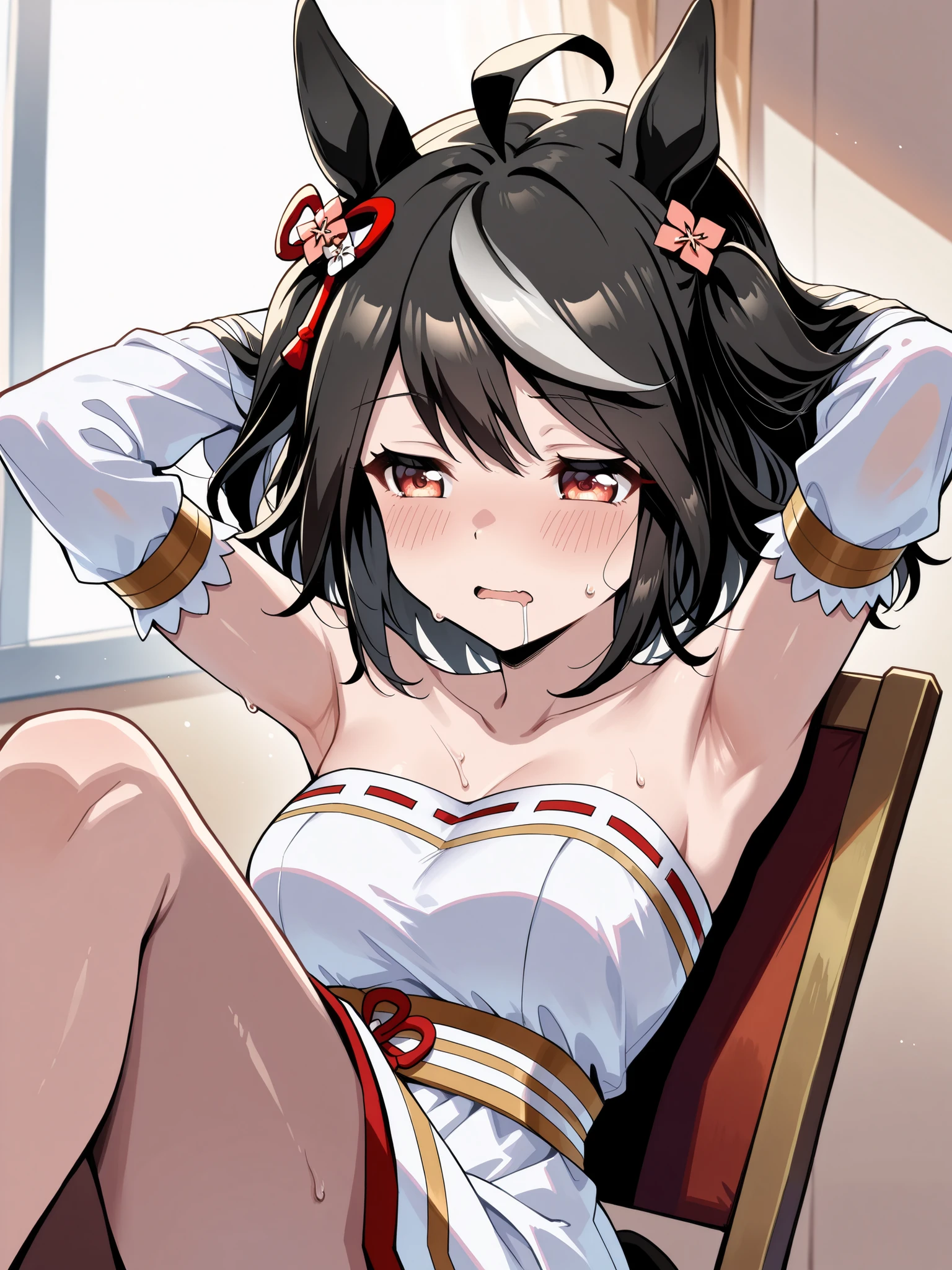 wet skin,armpits,( masterpiece, super accurate, 16k, RAW photo, complicated ), (Sharp Focus , vivid details), (wide color range, vivid details ), noise reduction , one girl on her back , (( Kitasan Black \( Uma Musume\)), (HALF CLOSED EYES, [Sleepy eyes:1.5), ( embarrassed face), (sit on a chair, open legs), ( Official Costumes), (whiteいパンティを見せる:1.9), skirt that crosses, sweat, Weaknesses:1.5, drool, (Cowboy in the drawing room), white, Joyful Star Kiss High School , long sleeve, white毛皮の襟, armlet, white strapless japanese dress , Parallel Side Straps