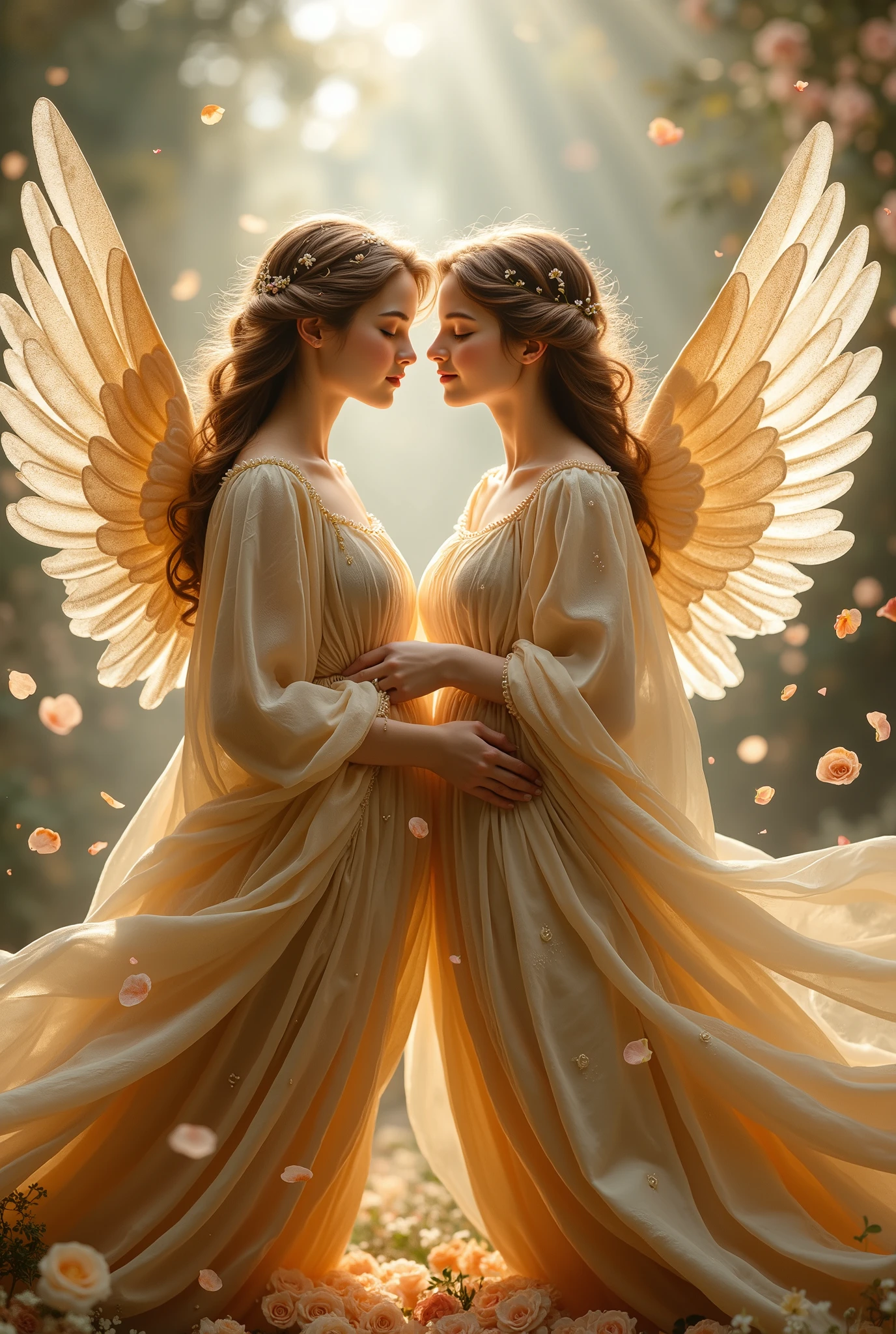 raphael style, beautiful twin angels, wearing shining golden robe, A lot of rose petals fall