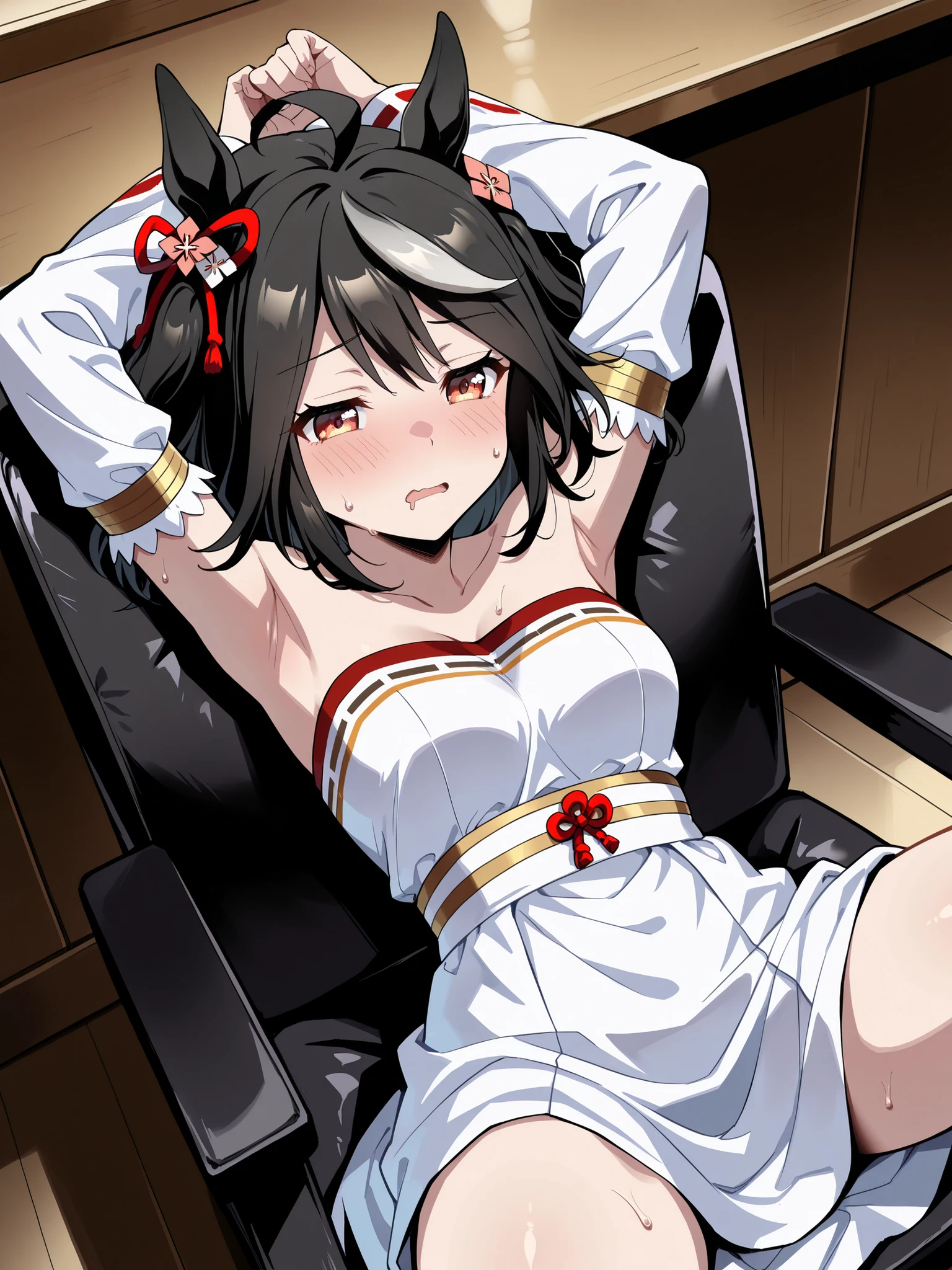 wet skin,armpits,( masterpiece, super accurate, 16k, RAW photo, complicated ), (Sharp Focus , vivid details), (wide color range, vivid details ), noise reduction , one girl on her back , (( Kitasan Black \( Uma Musume\)), (HALF CLOSED EYES, [Sleepy eyes:1.5), ( embarrassed face), (sit on a chair, open legs), ( Official Costumes), (whiteいパンティを見せる:1.9), skirt that crosses, sweat, Weaknesses:1.5, drool, (Cowboy in the drawing room), white, Joyful Star Kiss High School , long sleeve, white毛皮の襟, armlet, white strapless japanese dress , Parallel Side Straps