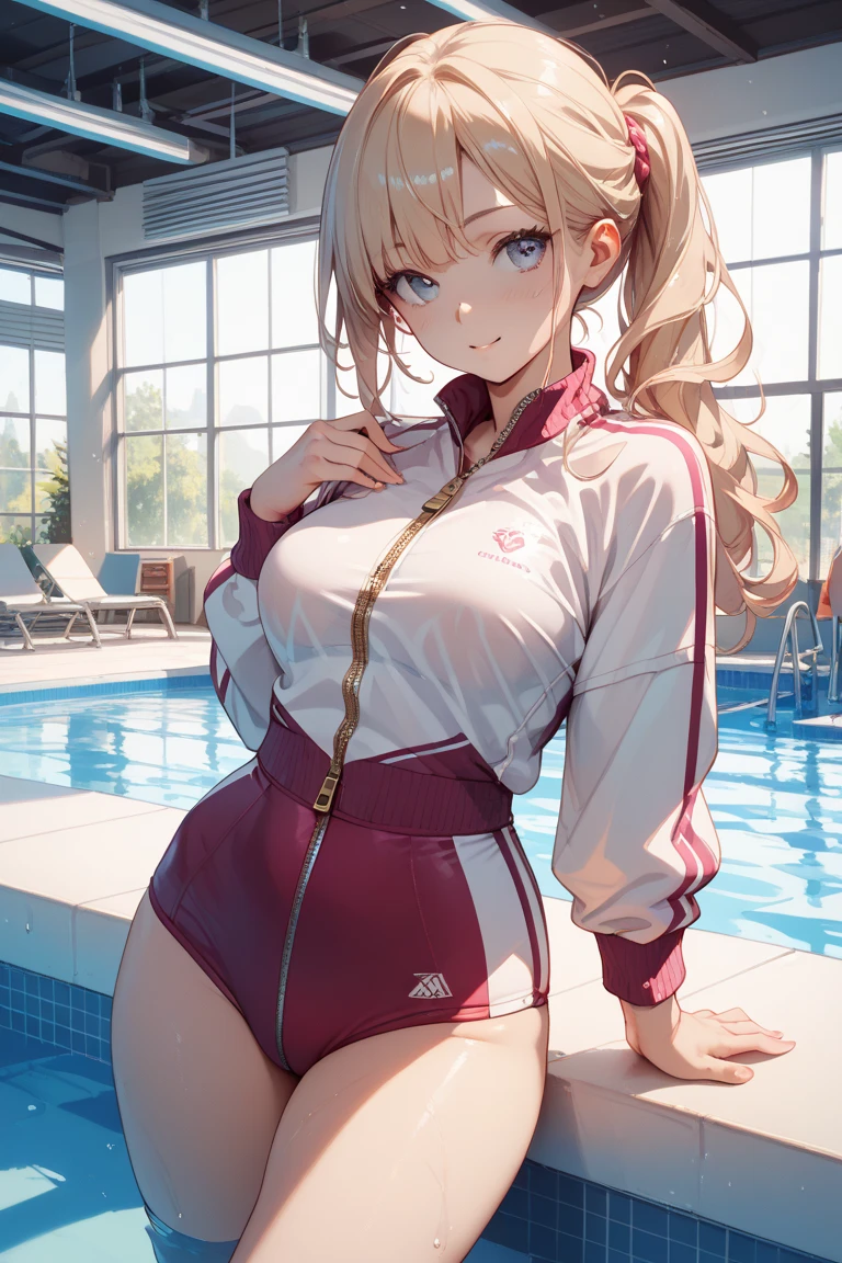 ((super high quality,Ultra-high resolution,16K,super masterpiece,Ultra HD)),Poolside on a sunny day,Burning Sun,Water splashing everywhere,One Girl,((A thin, pink, shiny tracksuit,(popped collar,Tight collar),Zipper open from under the chin to the navel,Fine Zipper),Cleavage,Sexy),Short wavy blonde hair,Short Side Ponytail,Purple butterfly hairband,Wink,smile,Sweaty,Place one hand on hip,Make a V-sign towards the camera,Tilt slightly forward,Leaning forward significantly,