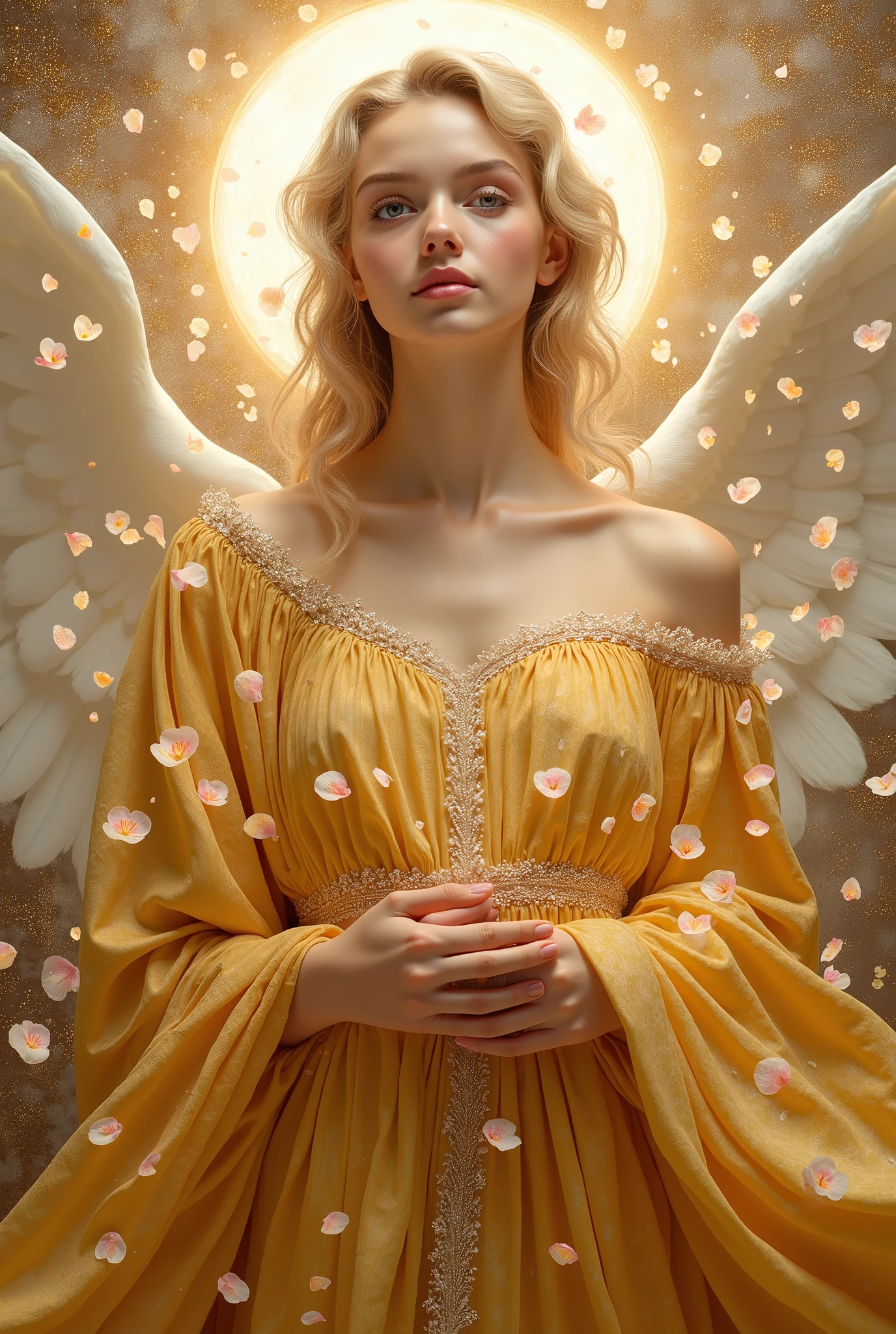 Raphael style painting, beautiful angel, wearing shining golden robe, looking camera, A lot of rose petals fall, Petals fly from an angel's mouth