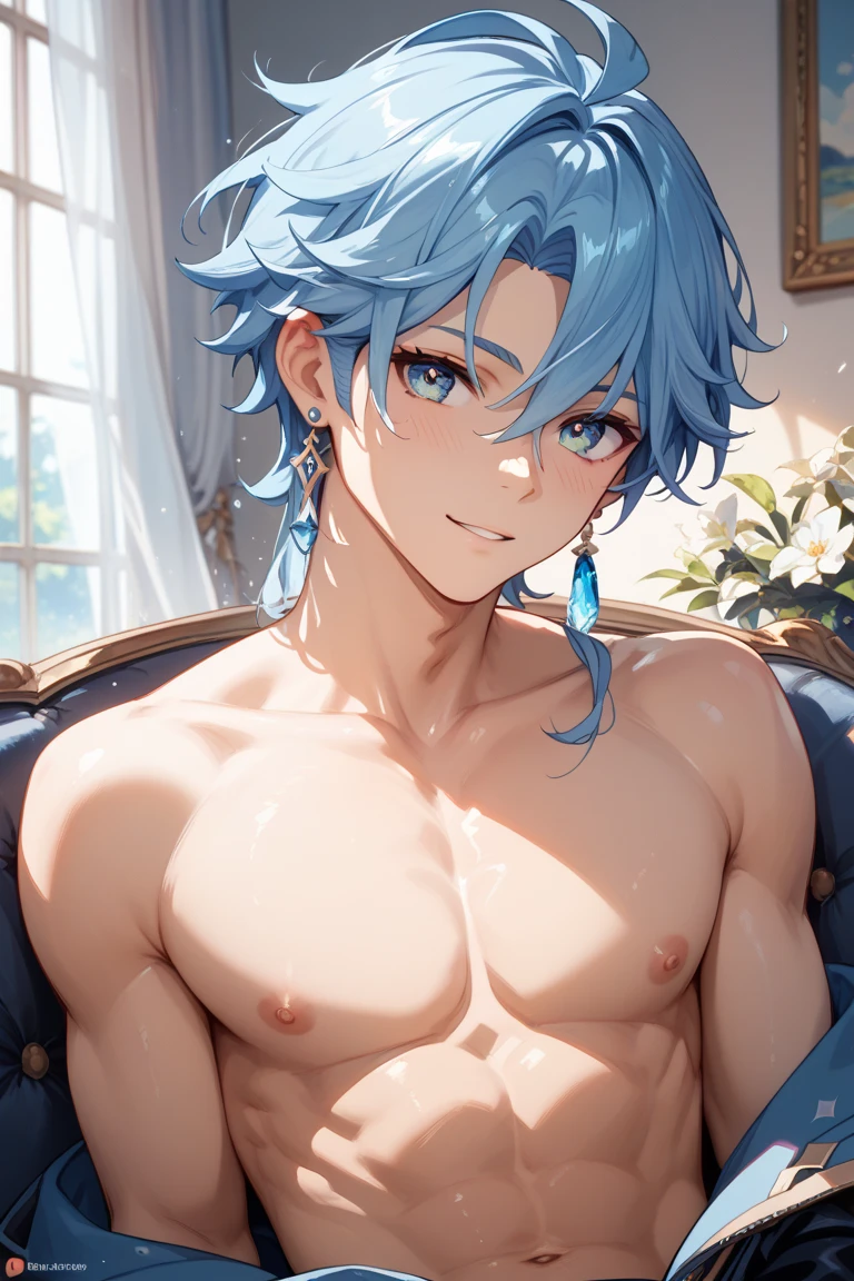(absurdos,A high resolution,Hiperdetalhamento,HDR),Menino elfo,masterpiece,melhor qualidade,1homem,solo,Handsome,olhos verdes,olhos finos e rosto detalhado,topless,Tatuado com,arma,sentado em um trono,Smirk,Abs,chest muscle,Criado sexy,ruffian,Mostre seu temperamento,macho,apelo masculino,Male characteristics are distinct,long messy hair, cabelo azul, Arrogant self-confidence,Sentado majestosamente no trono,pernas cruzadas