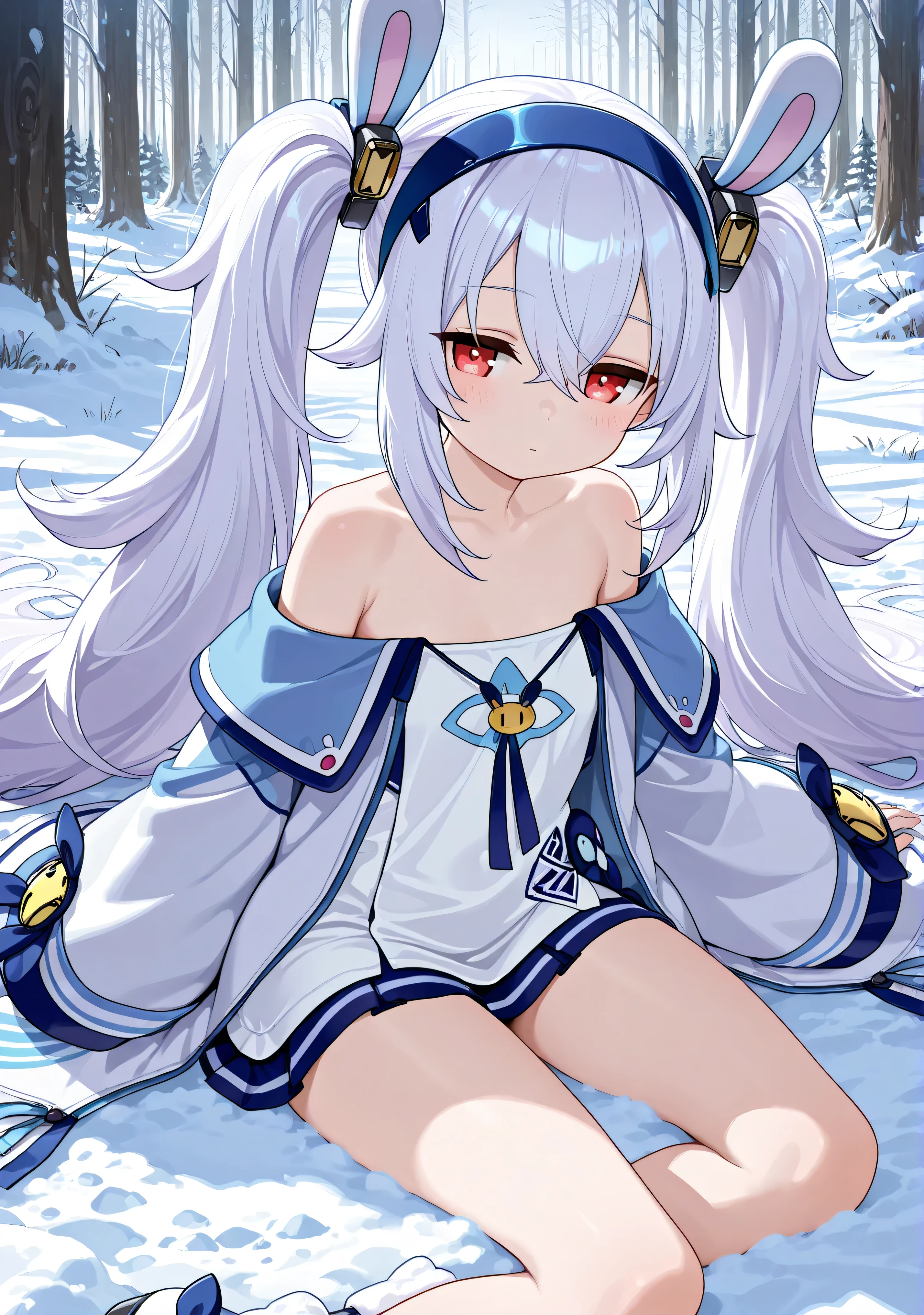 8k wallpaper,Masterpiece, high quality, amazing quality, very aesthetic, absurd, latest, Masterpiece, high details,solo, laffey ii \(azur lane\), off shoulder strapless shirt, bare shoulder, wide sleeves, mini skirt, long wide twintails, messy hair, bunny hair band, bunny hair ornaments, emotionless face, (blushing), thighs, lying on snow, sitting, forest, winter, snow, long legs,