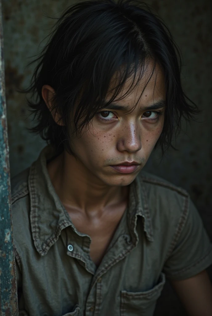 masterpiece, Highest quality, Realistic, Cinematic, Detailed face, 8k, Ultra-high resolution, シャープなフォーカスmovieのような写真 , Highest quality, Super detailed, 8k, mysterious, Messy green hair, 35mm photo, movie, Bokeh, Professional, 4K, Very detailed、male、Topless,Very ugly、Dirty skin,movieのような雰囲気、Big black pants,The green hair is messy,、Has two sickles、Very dirty、The background is an abandoned old Japanese town.、Japanese、Surprisingly skinny,There are many warts on the face、Skin and bones,Big black pants,There are many warts on the face、Morbid thinness、Has two sickles、Very scary、不気味なmale、The eyes are small and droopy,The nose is very low and flat,Mouth open,Shark-like teeth,Pure white, bloodless skin,