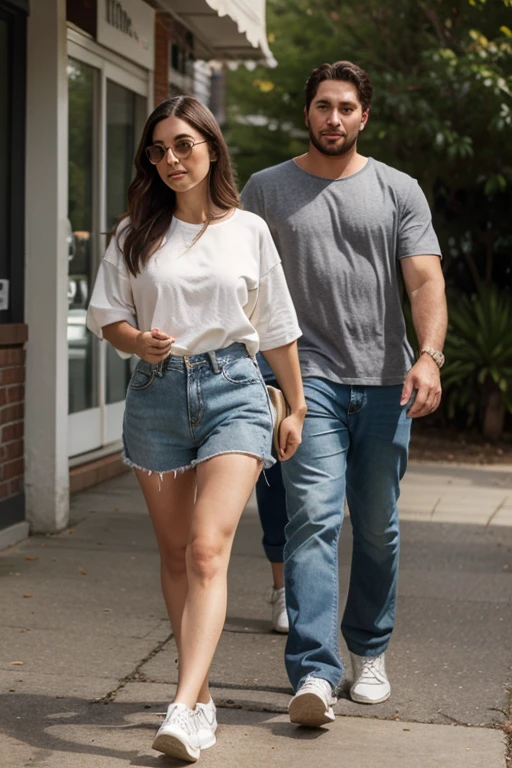 here is a white man and a white woman, standing em um parque with a playground in the background, em um parque, com um parque ao fundo, no parque em um lindo dia, estacionamento ao fundo. Vestindo shorts, wears a tank top and shorts Clear photo, alta qualidade, high resolution, obra de arte, 8k.