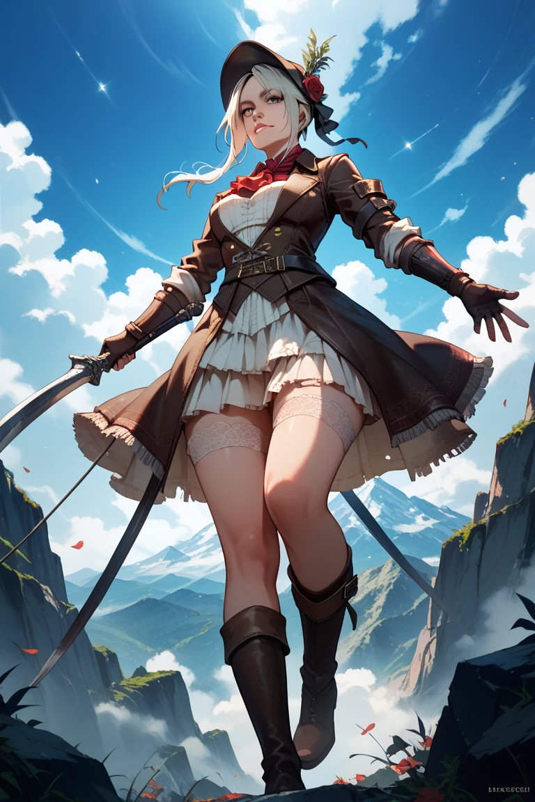 Top quality. Painting by Akihiko Yoshida. Hand drawn. Character design. Girl. A world of swords and sorcery. Miniskirt. Rear view. --auto --s2