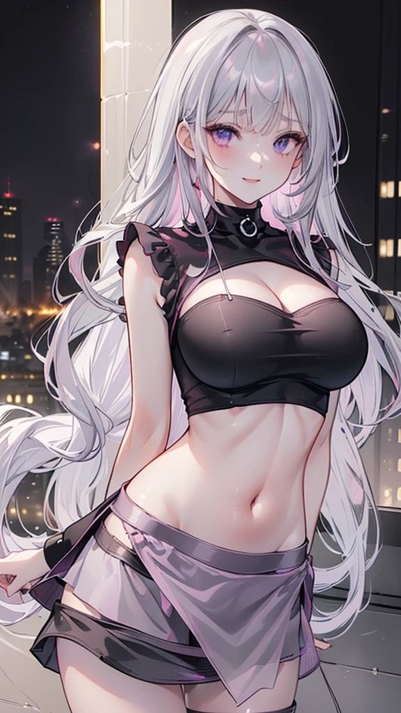 (Detailed face, Beautiful Eyes, 8K壁紙, Very detailed, beautifully、Beautiful appearance, 16K, 8K, 超High resolution, Soft lighting, Visual Key, High resolution, Highest quality, masterpiece, Digital Illustration, Only a perfectly Detailed face, (In the city, Background City), (software, full length), (Happy), ((Red eyes, 1 Girl )),(Gray Hair), black dress, white lace thong, slender, panties under pantyhose,