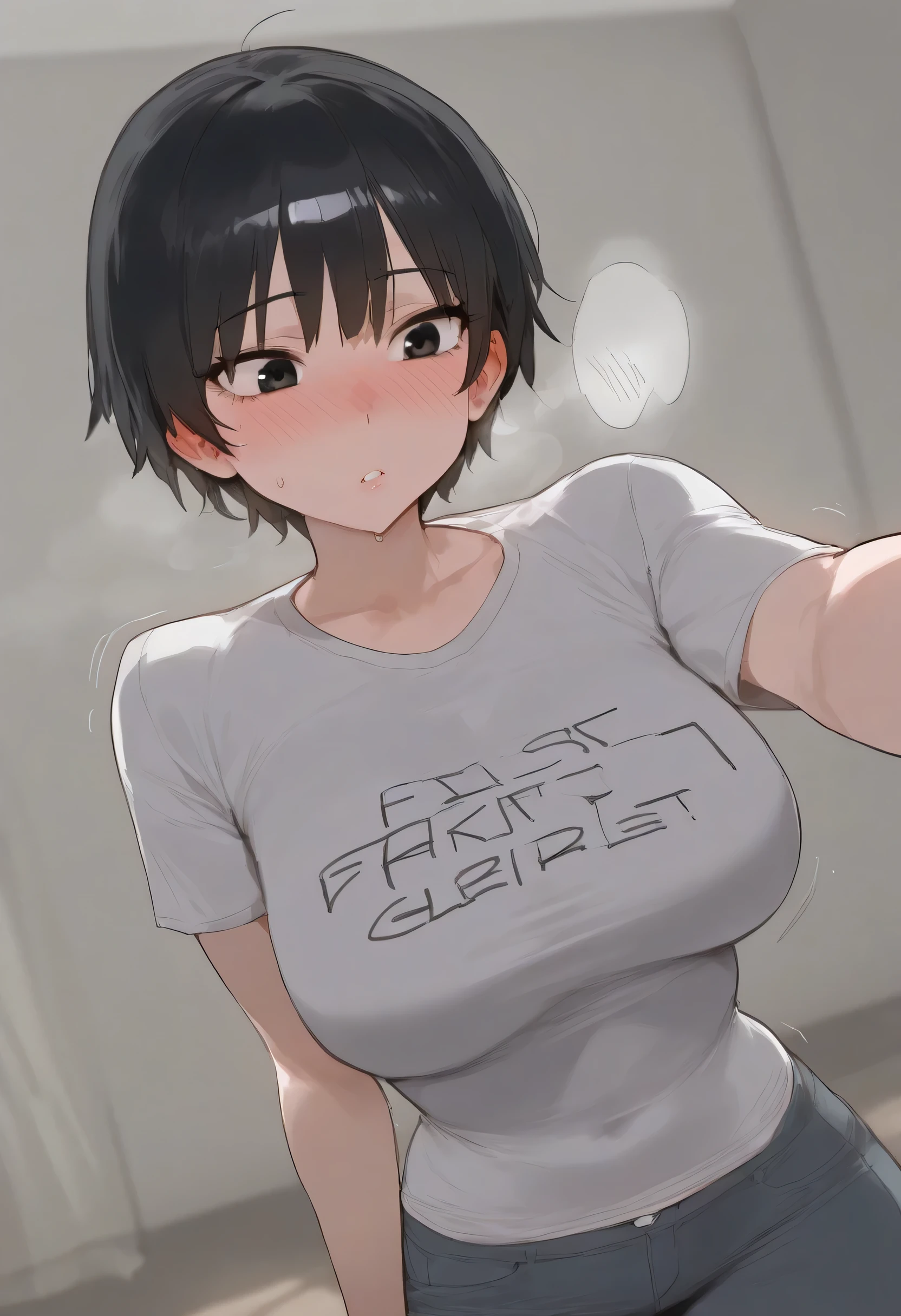 muscular girl huge breasts against wall black hair yellow eyes frown sad blushing tight red shirt muscular muscular