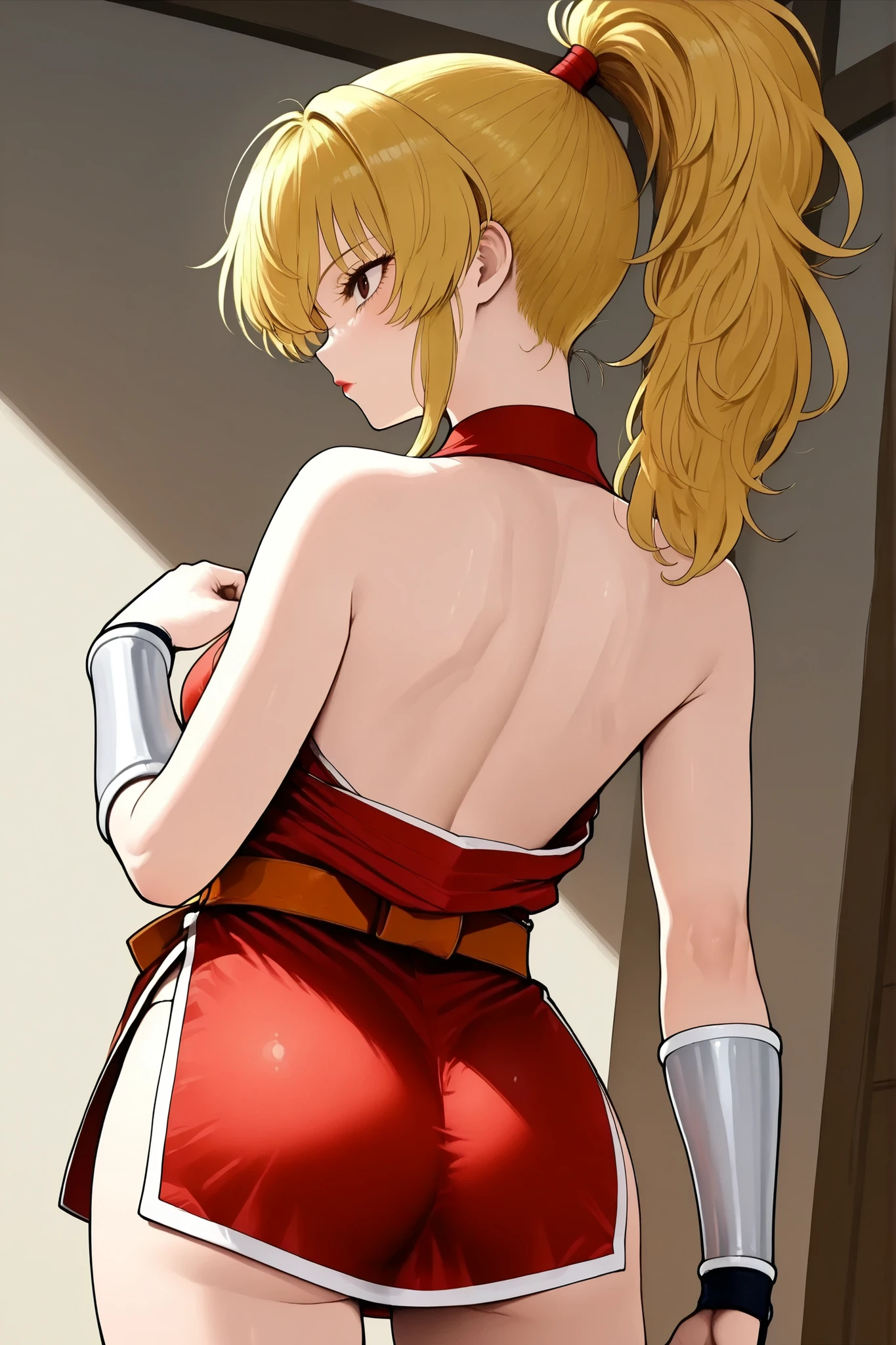 one girl on her back ,alone, thick outline、,cowboy shot,.silver knee protector.fight、 fighting。 Combat Stance、anatomically correct、active angle。Sharp Eye、,back view、profile。low angle。
genrys maki。背中の開いたred dress。Bare skin back。
(masterpiece, details:1.2).,genrys maki。.hand,beautiful eyes,White line at hem of pelvic curtain,Blonde hair.
sleeveless. red kimono. 。bare shoulder. red scrunchies. . Bareneck. red dress。.red mini skirt with deep slits. silver arm cover. orange belt .Martial Arts Belt、 silver arm cover . . . brown eyes . high ponytail. Gold .. back alley、