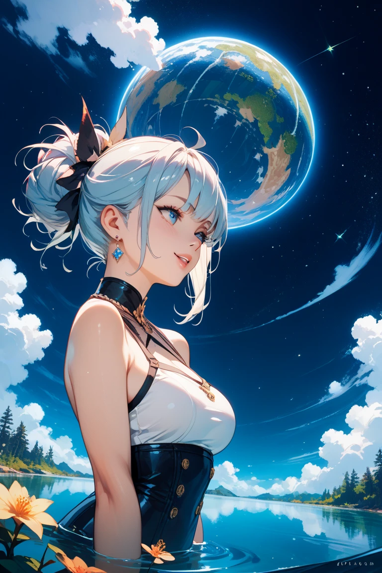 longeyelashes, small Eyes,Ponytail, pink Silver hair, gray colored contact lenses, surrealism, anaglyph, stereograms, POV, Atmospheric perspective, 16K, Super Detail, ccurate, Best Quality,The shoulders have exposed skin,Very thin,Very small bust, Very thin waist,Other Dimensional Planet,A strong-willed beautiful girl,Semi-nude,The most beautiful face,A beautiful girl,