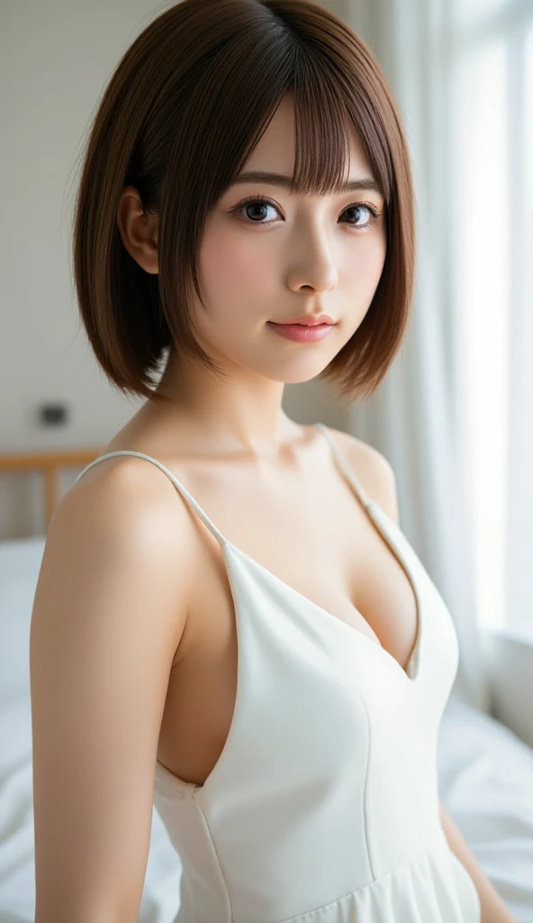 ((young,short hair,droopy eyes,brown hair,short bangs,beautiful skin,japanese)),nude,alone,high quality