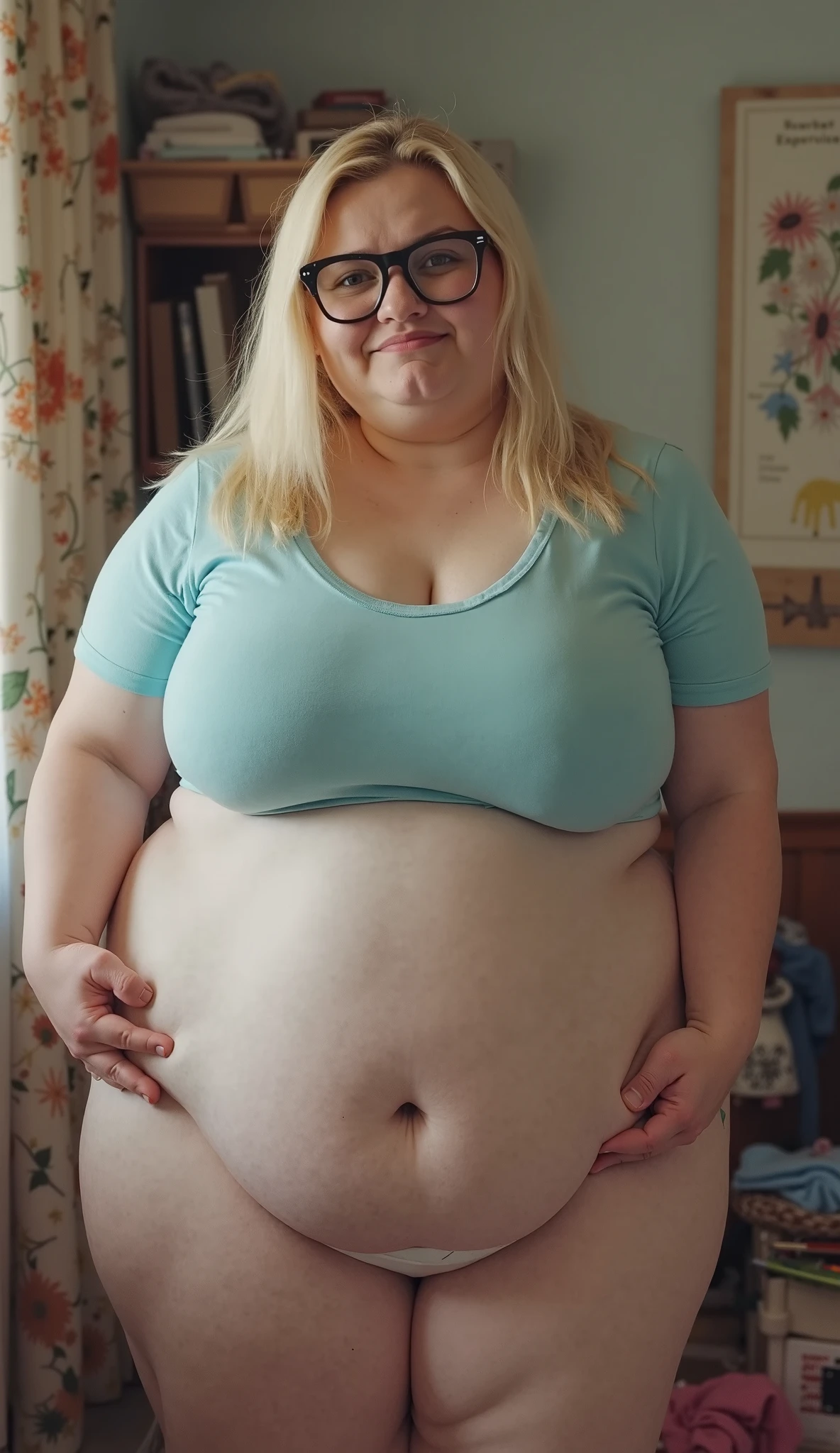rounder belly, blond hair, little smile