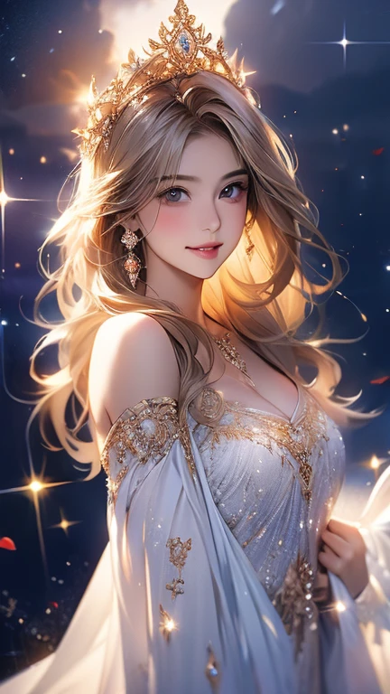 (masterpiece:1.4), (best quality:1.4), illustration, anime drawing style, 1girl, solo, ((beautiful wavy hair)), flowers and sparkles, stunning hair, bright stunning eyes, collarbone, perfect bodyshape, slim body, shiny skin, detailed face, natural make up, parted lips, upper teeth, cleavage, small breasts, (cute embroidered dress), long nails, beautiful accessories, jewerly, looking at viewer, professional light, glowing