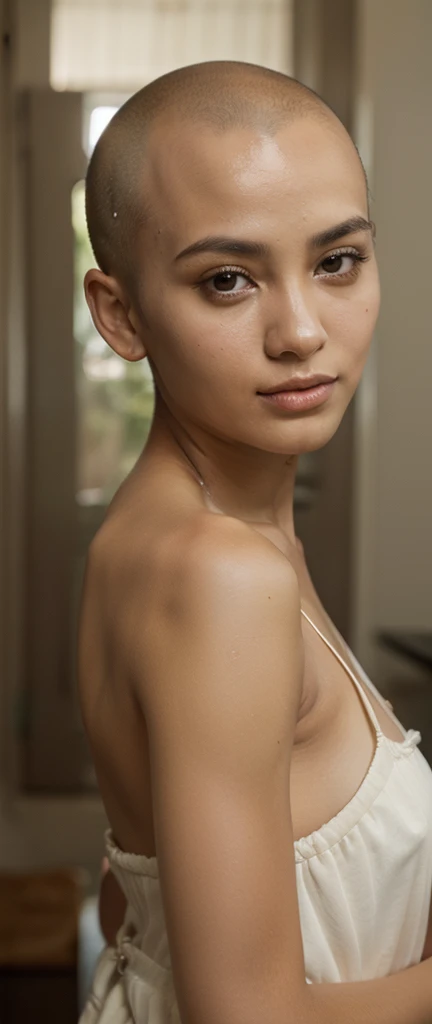"Naked Bra" ((Hairstyle is shaved head, skinhead)), (Malaysia female), age 25 years old, 8K, photottorialism, ((Flat Chest)), ((Panty Lace)), ((pastel Jacket))