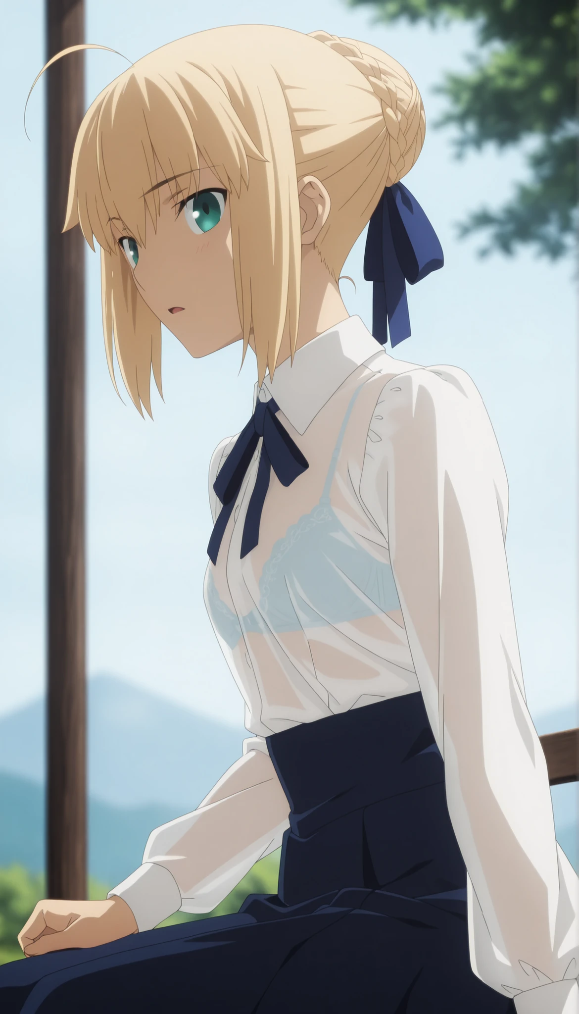 masterpiece, best quality, amazing quality, highres, absurdres, very aesthetic, high resolution, ultra detailed, perfect details, solo, day, , outdoors, ufotable style, (dappled sunlight), backlight, upper body, (from side),
1girl, ufotable style, anime style, (anime coloring:1.5), (anime screencap:1.2) , (see-through), , ,
girl, slim body, slender body, ,Fate Grand Order, fate, Fate Grand Order, artoria pendragon (fate), saber (fate), blonde hair, green eyes, ahoge, hair ribbon, blue ribbon, french braid, braided bun, single hair bun, short hair, sidelocks, sitting,
(), neck ribbon, blue ribbon, white shirt, collared shirt, long sleeves, blue skirt, high-waist skirt, long skirt, black pantyhose, bra, (small breast), (looking at viewer), expressionless, embarrassed, light open mouth,