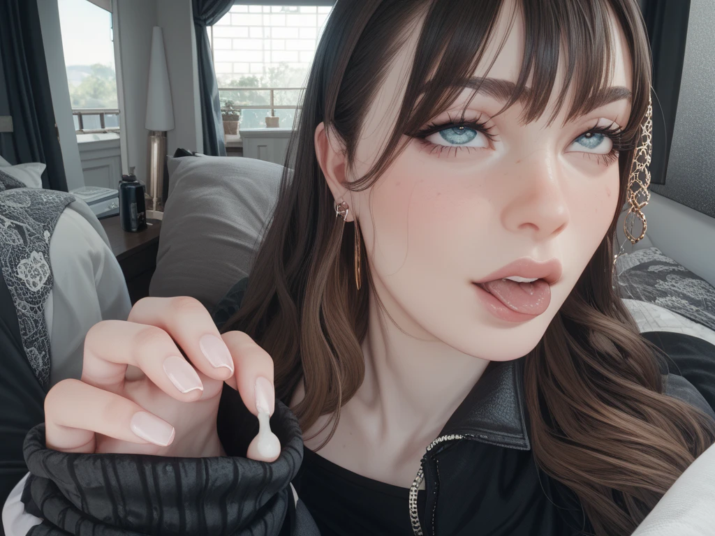 Beautiful girl, blue eyes, long hair, detailed facial traits, real estate agent (she is dressed in collar and strings), in a cozy eurostyle room, blowjob, male penis, male legs
