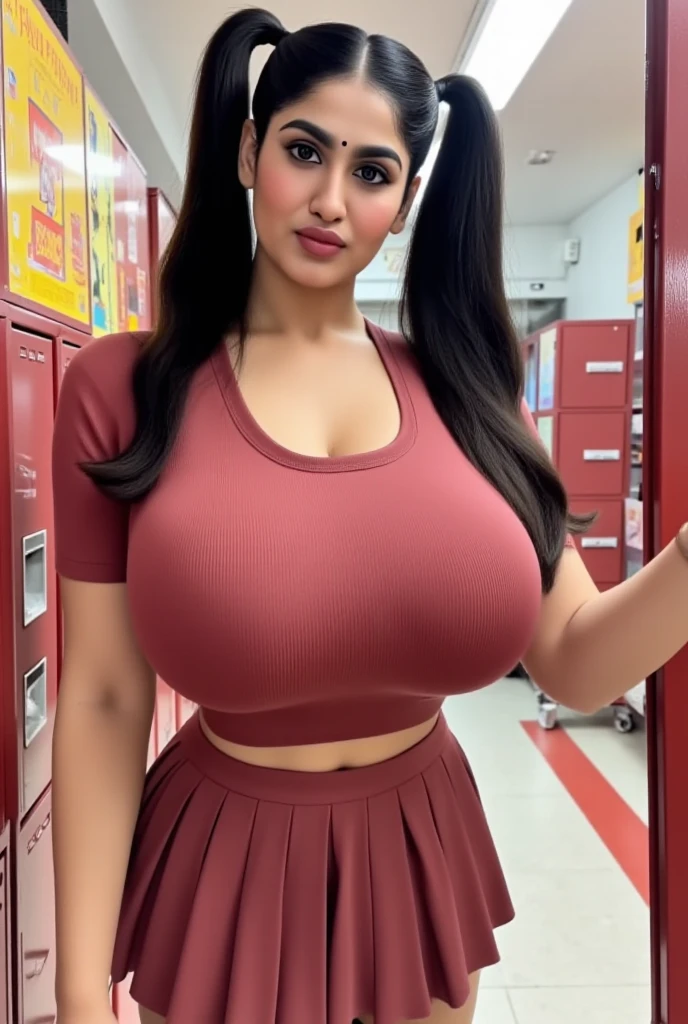A woman in glasses in a sexy skirt and tight t shirt (random color) poses for a photo,big boobs, big ass, 36DD Indian, Beautiful goddess, girl, Gorgeous woman, south east asian with long, provocative indian, beauty, Big boobs, deep cleavage, sexy navel, Large breasts and deep cleavage, library background