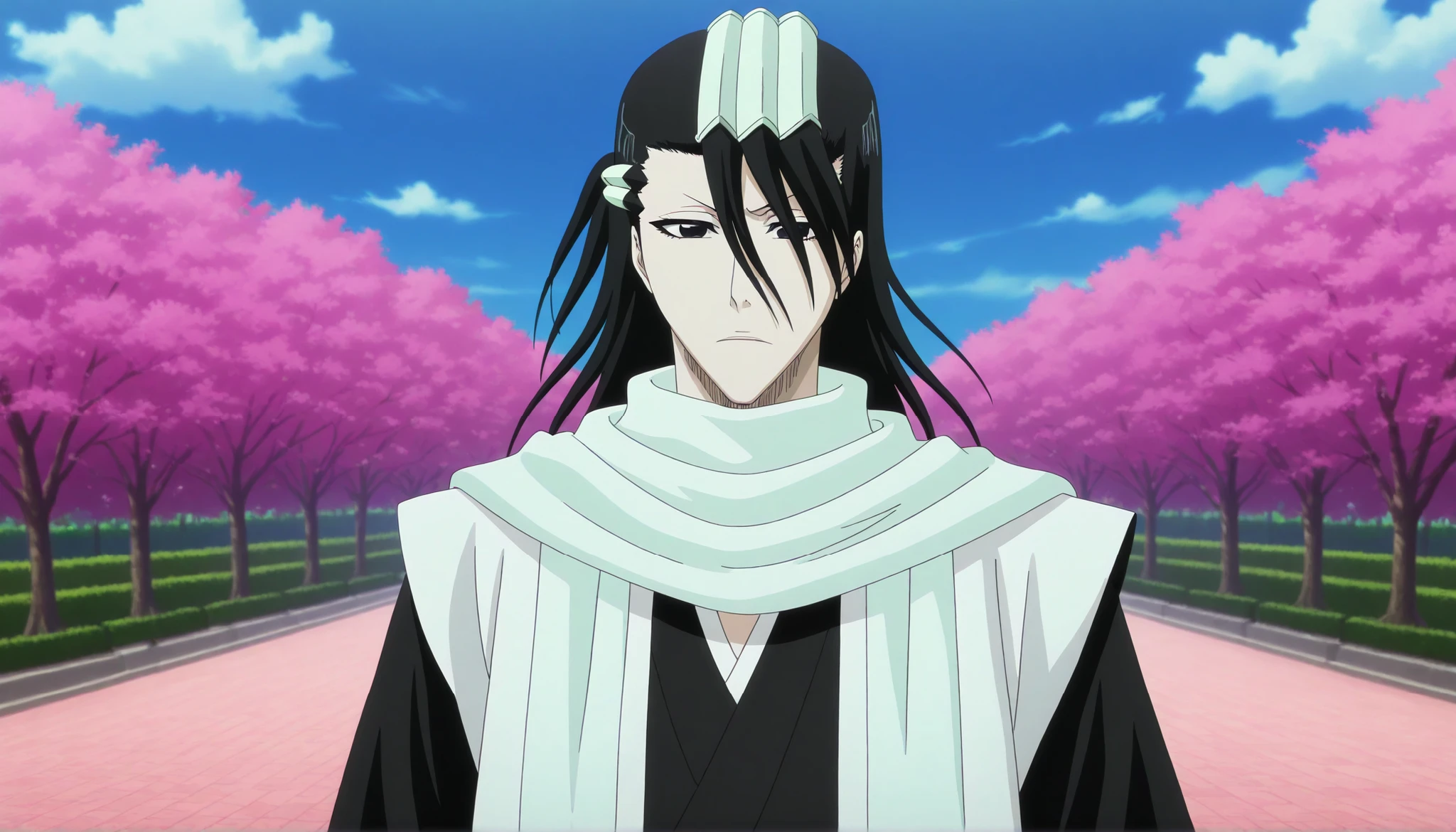 a dark stage in a park where Byakuya Kuchiki is seen , with his shinigami costume, white scarf
