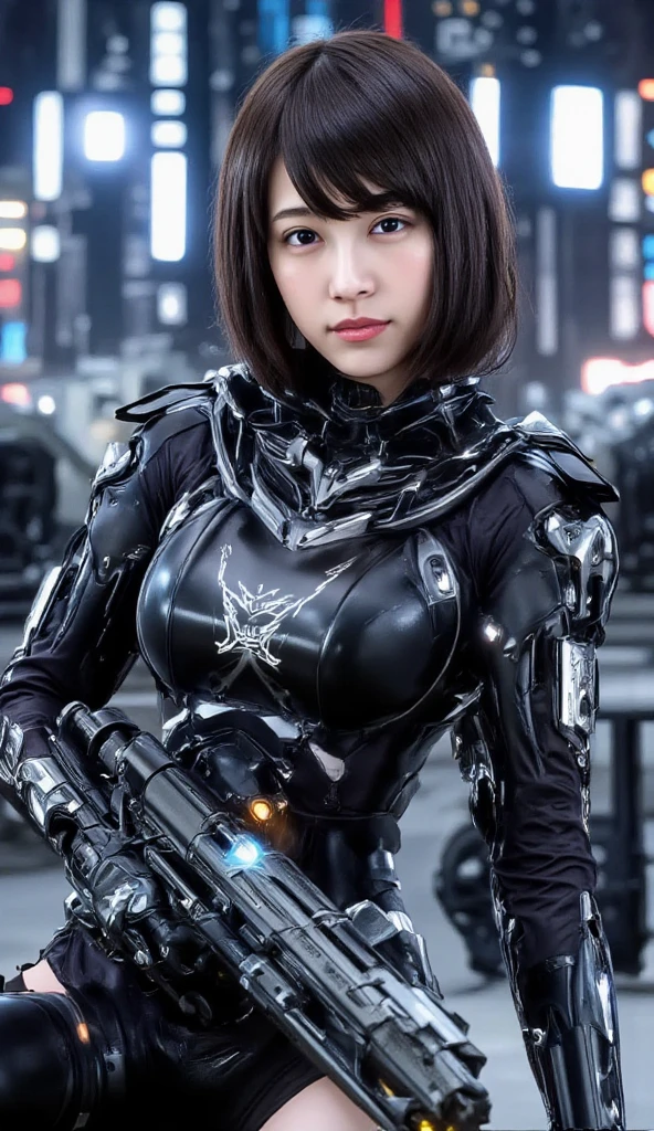(close up:1.4)、(Original Photography:1.2)、(Photorealistic:1.4)、(masterpiece:1.3)、(Top quality:1.4)、Woman standing in front of a group of robots、Beautiful woman、beautiful female soldier、Girl in a suit、Composite combat uniform、Young beautiful Japanese woman、Highly detailed face and skin texture、Delicate eyes、Double eyelids、Cute face、(Short Bob:1.2)、(full-body shot)、Cowboy shooting、Angry expression、Storms and epic war scenes、Cyberpunk scene、night、illumination、