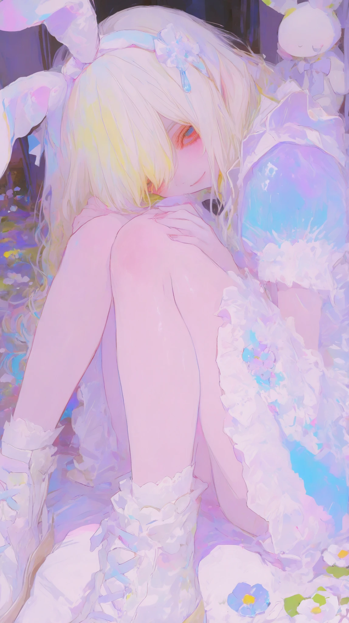 chibi: 1.2, cute: 1.2, cute eyes: 1.2, soft: 1.2. smile, (change: 1.5) ((masterpiece, details: 1.2)) (Best Quality), (masterpiece: 1.2), (colorful: 0.9), (Color Scattering), (watercolor), sharp concentration, high resolution, (anime style: 1.1), ((Best Quality)), (Super details), (beautiful), alone, white hair, Naturally curly hair and colorless eyes, colorless lace crystal dress with a large colorless bow on the back, long, wide sleeves, I'm wearing a, cute, colorless flower on head, masterpiece, best image quality, Best Quality, Alice in Wonderland costume, colorful long colorless hair, colorfulな目, top-down perspective , sitting, 背景は無色のwatercolor画風