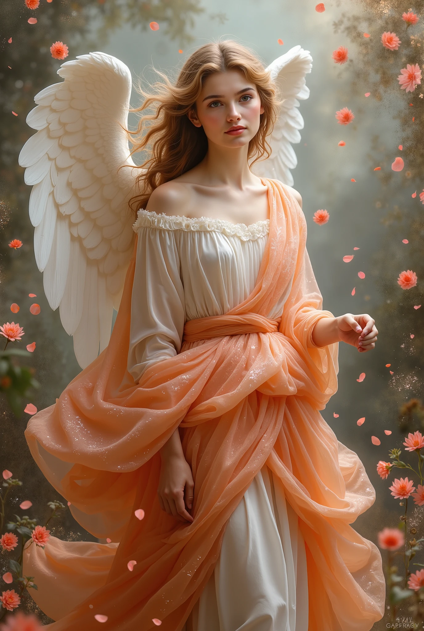 Painting of Raphael style, beautiful angel, wearing shining color robe, looking camera, A lot of rose petals fall, Petals Fly in Angel's Breath