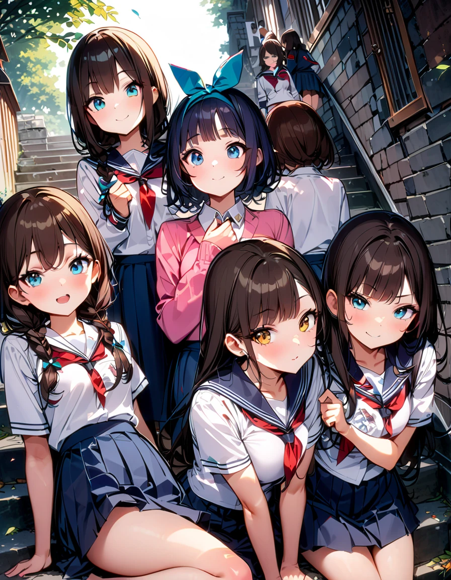 smile、((masterpiece, Best Quality, 4K, ))), , beauty、Full body view 、(masterpiece: 1.2, Best Quality, ) (Multiple girls with legs spread), Panchira、squats(harem), (School classmates), high school girl、(All uniforms have the same design), (((Everyone wears the same navy blue skirt))),,(()), (((((Stone steps))))))、(cute Japanese((destroy 6 girls))), , ((Group Shot)), ( Group Selfies),、((((uniform))))、 ((blue eyes, beautiful eyelashes on chest, realistic eyes)), ((detail, (( Smooth Texture :0.75, )), perfect body to be banged in front of the camera, beautiful waist、beautiful feet、thin、smile, sitting、Attractive sitting position,((crouching pose)), hair bows, brown hair, side lock, blue eyes, braiding, (((Everyone wears underwear in a different color or design....Light Blue Underwear、pink underwear、 white underwear、black underwear、striped underwear、Polka dot underwear))),Short Panties、((((legs from pussy:1.5))),Extrude'between the legs、between the legsの詳細な描写、knee-length white loose socks、black loafers、uncensored