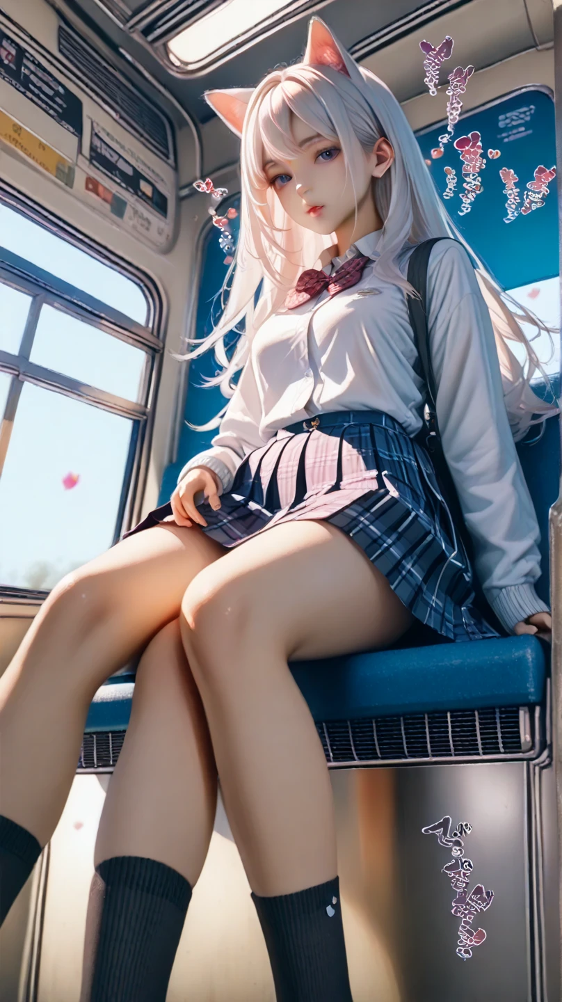 (masterpiece, highest quality, ultra high res, ultra detailed:1.3), 1 cute girl, ideal ratio body proportions, pink medium hair, sitting on long chair, in train, outstretched legs, (white panties visible:1.4), uniform, navy pleated mini skirt, on the train, clothes covered nipples, front view,