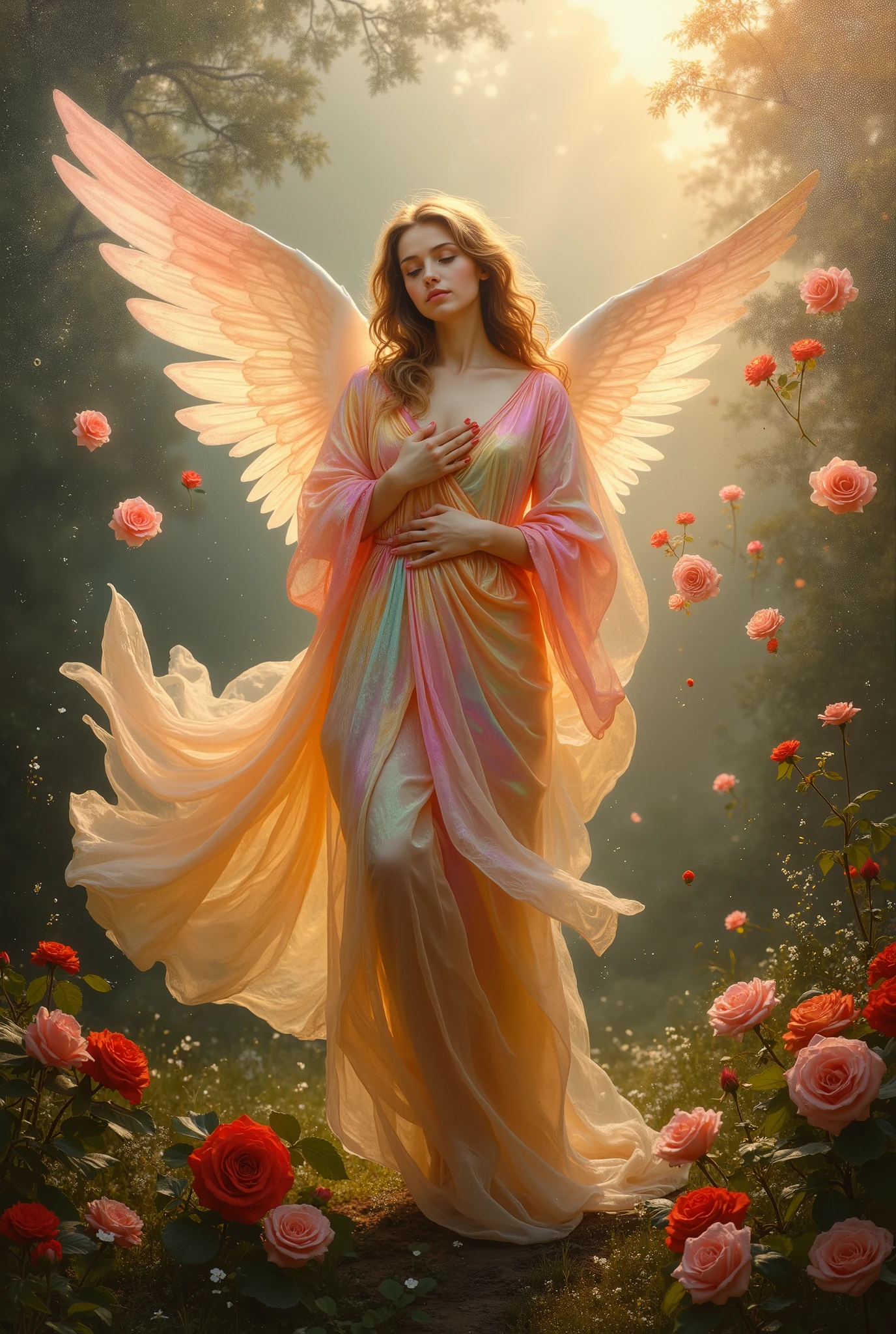 Painting of Raphael style, beautiful angel, wearing shining color robe, dawn, Many roses fly with an angel's breath