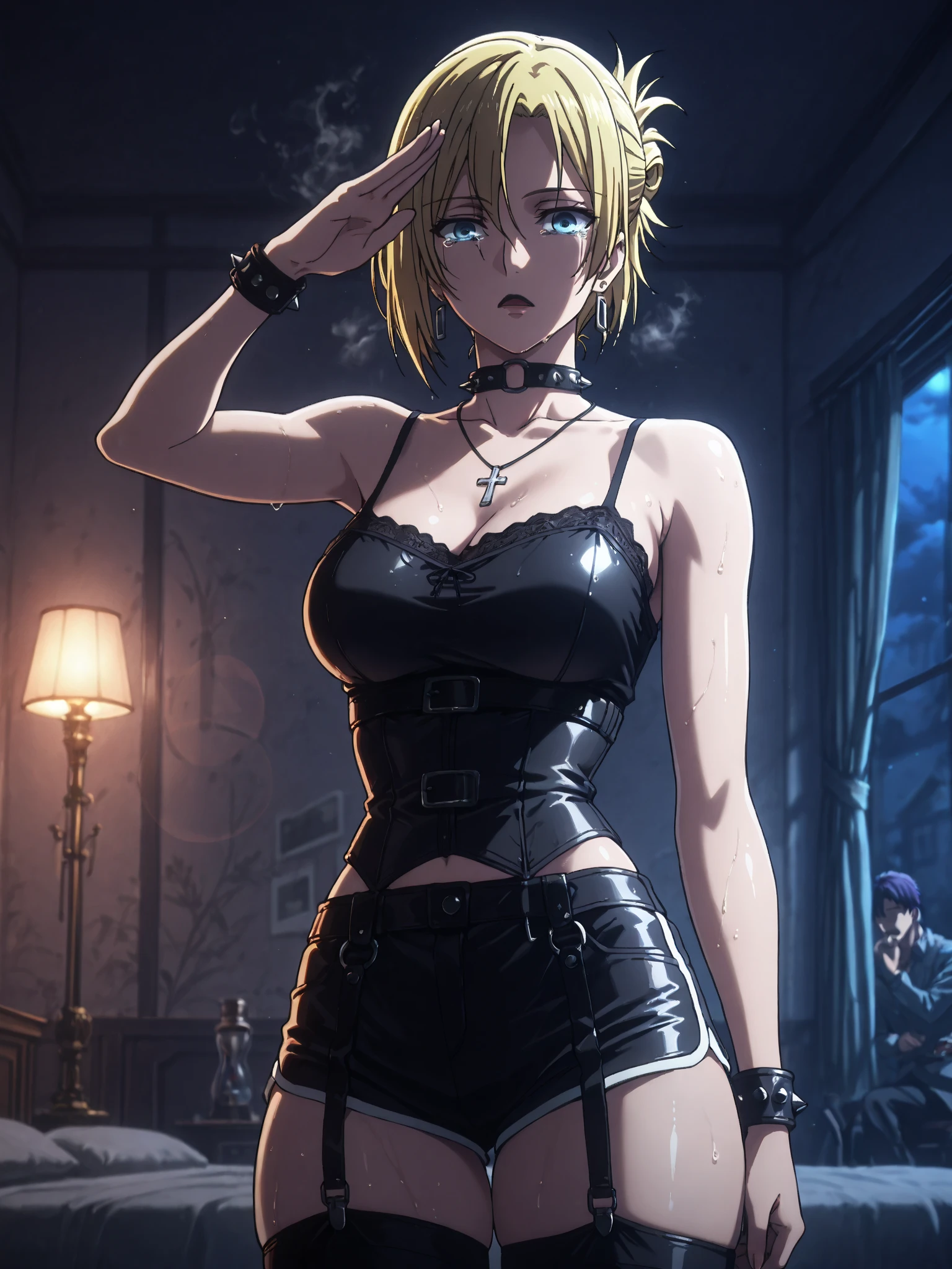 source_anime, rating_explicit, score_9, score_8_up, score_7_up, blonde_hair, goth, gothic, short_hair, looking at viewer, crop top, skirt, thighhighs, black clotges, hellsing, seras Victoria, goth girl, ikuchan, rape face, sinister, scheming, green eyes, smirk, standing, indoors, bedroom, fancy wallpaper, 1boy, cuckold, large male, ((size difference)), male head out of frame, front view, light skinned male, pale skinned male, ntr, netorare, standing side by side, standing, giant penis, duo, penis, huge penis