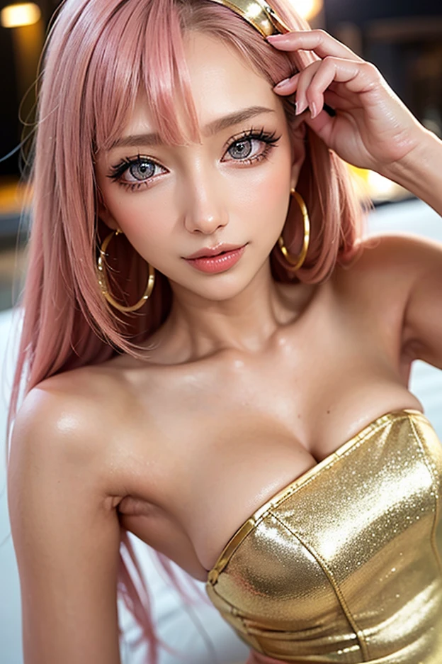 (8k、RAW Photos、Highest quality、masterpiece:1.2)、(Realistic、Realistic:1.37)、Very detailed、Ultra-high resolution、Beautiful and well-proportioned face、(((whole body)))、(((Hold the breast with both hands.)))、(((Wavy Hair、Blonde, Pale pink striped hair)))、(((Huge breasts)))、Asian,Gal,model, , (((Plunging neckline:1.2 , dress)))、Lip gloss（Wet lips）、Sunburned skin,Beautiful and detailed skin、Skin Texture、　Professional Lighting、sexy　sexy pose　background:Lounge