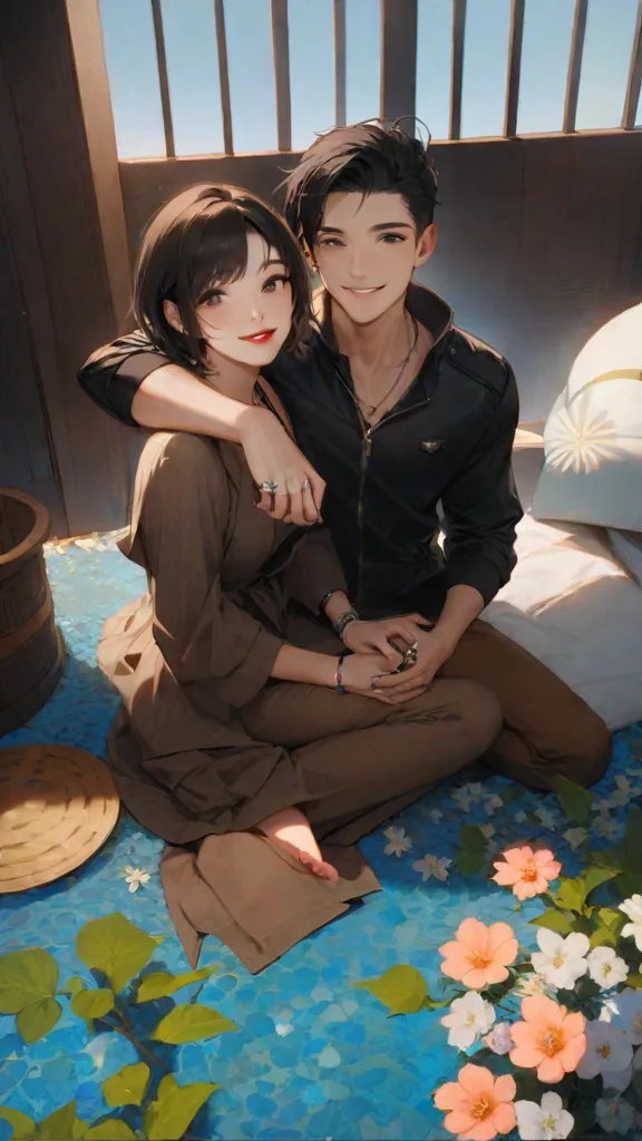 Portrait of a young, brunette couple in a warm setting, the INFJ man with rich, green hair and striking green eyes, his vibrant green attire enhancing his dark olive skin. He wraps his arm around the ENFJ woman, her deep brown skin radiant against the deep green of her dress, her glossy brown hair cascading down her back. Their bodies are pressed together, their faces filled with adoration and contentment as they share a tender moment of affection and connection