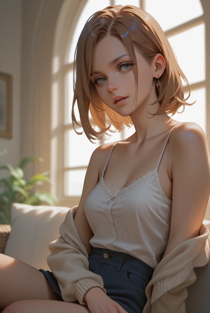 (masterpiece), (extremely intricate:1.3), (realistic), female, 19 years old, (((solo 1girl, closeup, portrait, upper torso, [small breasts:medium breasts:0.7], red silk robe,(white cutoff t-shirt, from below, golden tiara, lounging), short undercut shaved [dark hair:blonde hair:0.5]), cleft chin, smiling), freckles:0.5, tattoo:1.2, green eyes), indoor, bedroom, bed, pillows, wood, intense sunlight, golden hour, professional photograph of a stunning girl detailed, sharp focus, dramatic, award winning, cinematic lighting, volumetrics dtx, (film grain, blurry background, blurry foreground, bokeh, depth of field, interaction), 8K
