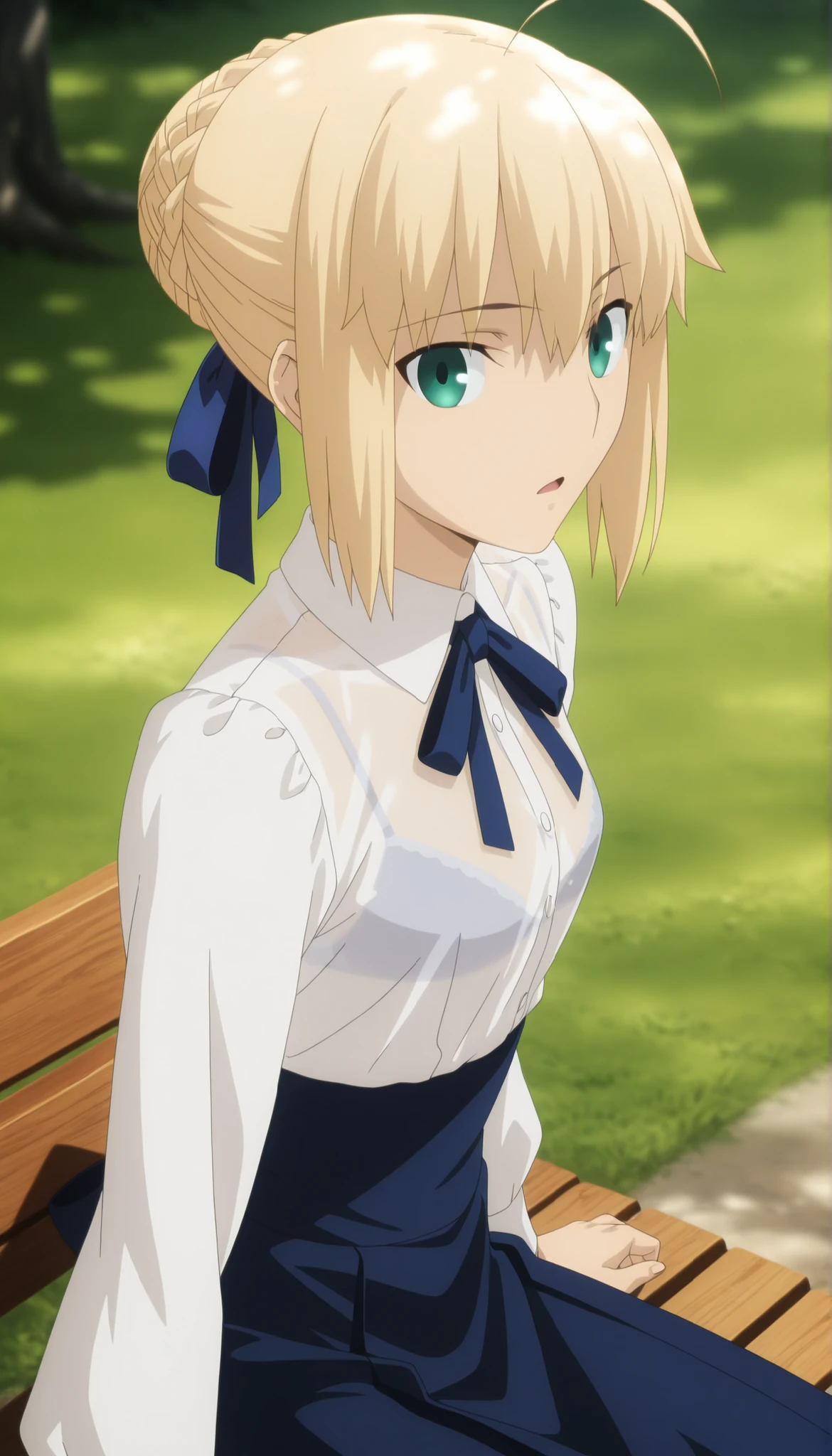 masterpiece, best quality, amazing quality, highres, absurdres, very aesthetic, high resolution, ultra detailed, perfect details, solo, day, , outdoors, ufotable style, (dappled sunlight), backlight, upper body, (from side, from above),
1girl, ufotable style, anime style, (anime coloring:1.5), (anime screencap:1.2) , (see-through), , ,
girl, slim body, slender body, ,Fate Grand Order, fate, Fate Grand Order, artoria pendragon (fate), saber (fate), blonde hair, green eyes, ahoge, hair ribbon, blue ribbon, french braid, braided bun, single hair bun, short hair, sidelocks, sitting,
(), neck ribbon, blue ribbon, white shirt, collared shirt, long sleeves, blue skirt, high-waist skirt, long skirt, black pantyhose, bra, (small breast), (looking at viewer), expressionless, embarrassed, light open mouth,