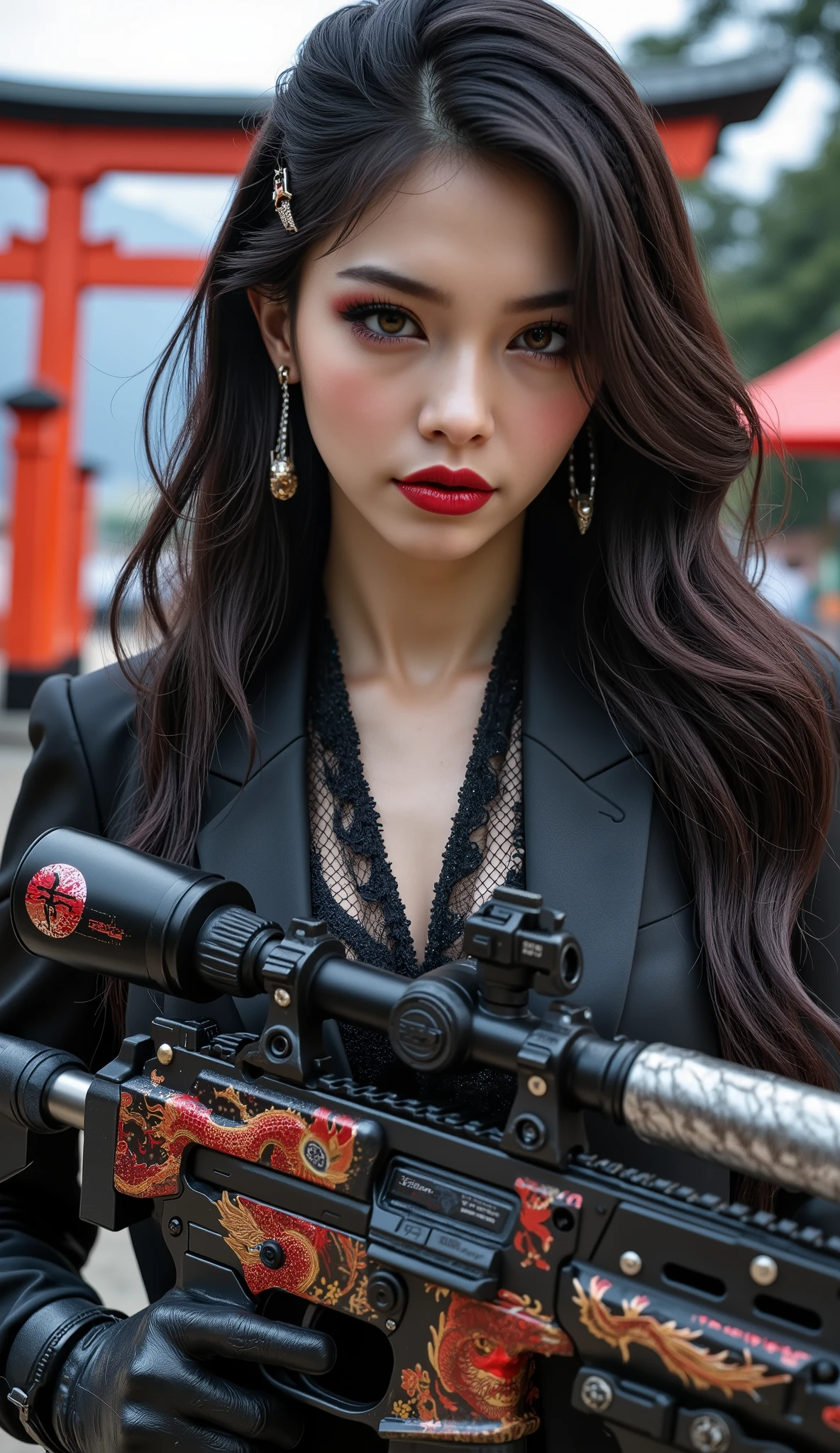 [Style: - "8k, masterpiece, realistic, Photorealistic realism, Hyper high resolution" - "highest quality, intricate ultra-detailed digital art"] (Key Directive: - "The priority is the anatomical accuracy and texture of the materials" - "Ultra-sharp human eyes with biological accuracy") {Character: "a beautiful girl hold with both hands, one machine gun [(M16A4 assault rifle, Stat Track) ((Pull the trigger with your index finger:1.2, Laser beam:0.7, Flamethrower:0.7, Looks like fire:0.6)) ((Painted Japanese dragon))" | "((firm and full breasts:1.4))]" | Face: "full lips, red lipstick, intense gaze" | Eyes: - "((sharp focus, no blurry eyes, Hyper absurd quality, Hyper details, Hyper realistic brown eyes:1.4))" - "((extra narrow eyebrows))" - "(Carefully draw Long blue_mascara:1.2)" - "(perfect round eyes)" | Hair: "long hair, dark hair, curls at the ends of the hair, hair above one eye,((long combed to the side))" | Pose: "elegant pose" Outfit: [Top: "modest office suit {black,elegant,leather}, (shiny accessories)" | ["lace ((white undershirt))"] | [Shoes: "high heels"]  Environment: "((Mt. Fuji tori))" Lighting: "studio lighting, monochromatic, striking contrast, dramatic shadows" (Rendering engine: "Unreal Engine 5 path tracing, 16K texture maps") | The ultra-Highres,Unreal 5,Subsurface scattering,PBR Texturing,Post-Processing,Anisotropic Filtering,depth of fields,Maximum Sharpness and Sharpness,multi-layered texture,Albedo and Specular maps,Surface Shading,Precise simulation of light-material interactions,perfectly proportions,Octane rendering