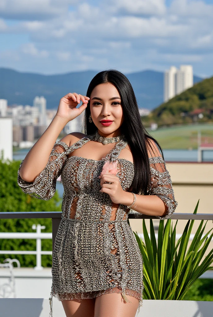 Artist&#39;is a representation of a black woman with radiant skin and a warm smile, sporting a long braided hairstyle. She is wearing a sexy and vibrant white dress that reflects her culture and personality. The surrounding landscape is a square, com elementos que destacam a beleza e a diversidade