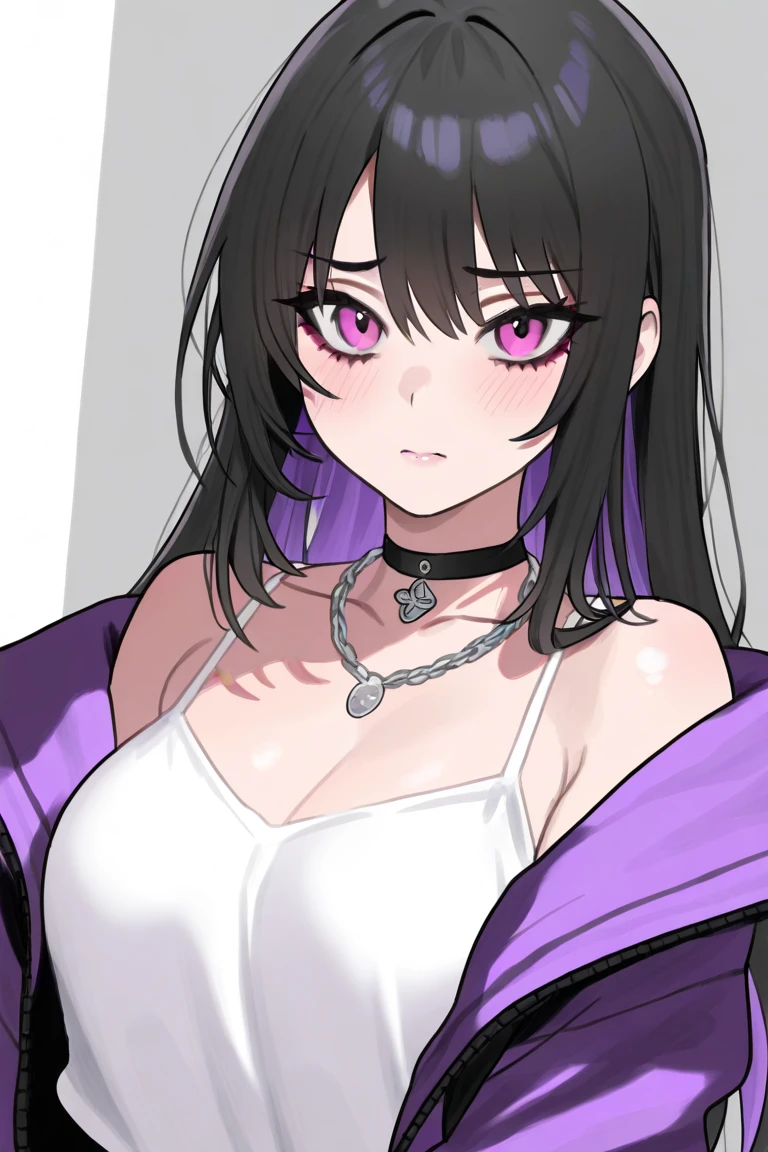 The female character shown in the images has the following characteristics: - **Hair**: Black with bright pink highlights. She has a high ponytail hairstyle, often tied with a large red bow. - **Eyes**: Large, blue in color and very expressive. - **Skin**: Claire **Face**: She wears a mask that *Clothing**: She is seen in casual clothes like a purple hoodie, as well as more gothic/punk outfits with patterns in red and black checks, accessories like necklaces and earrings. - **Accessories**: She often has a bloody knife in her hand and wears necklaces, including one with the name "JEFF" and another with "NINA". - **Posture**: She adopts relaxed but threatening postures, adding to her dangerous appearance.