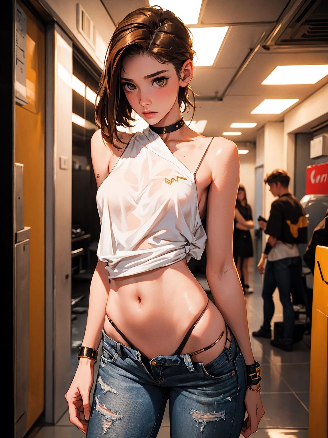((1girl)), 21 year old girl,
long brown hair, big eyes, sweet smile, small breasts, thin hips,
choker collar, unzipped black jacket, yellow bra, jean shorts,
record store, records, vinyl,
open door, open window,
dramatic lighting, cinematic lighting,