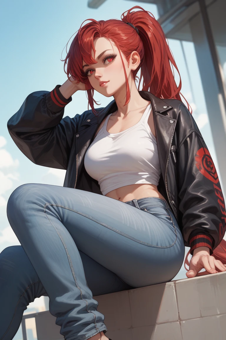 ​masterpiece, highest quality, pixiv, cooles Girl,topless, Lips in love, Red hair, curly Red hair, blunt bangs, straight bangs, pony tail, blue eyes, tanned skin, Girl, improve,Look at the viewer, smile, sexly, seductive, slutty, Ass POV,perspective, 