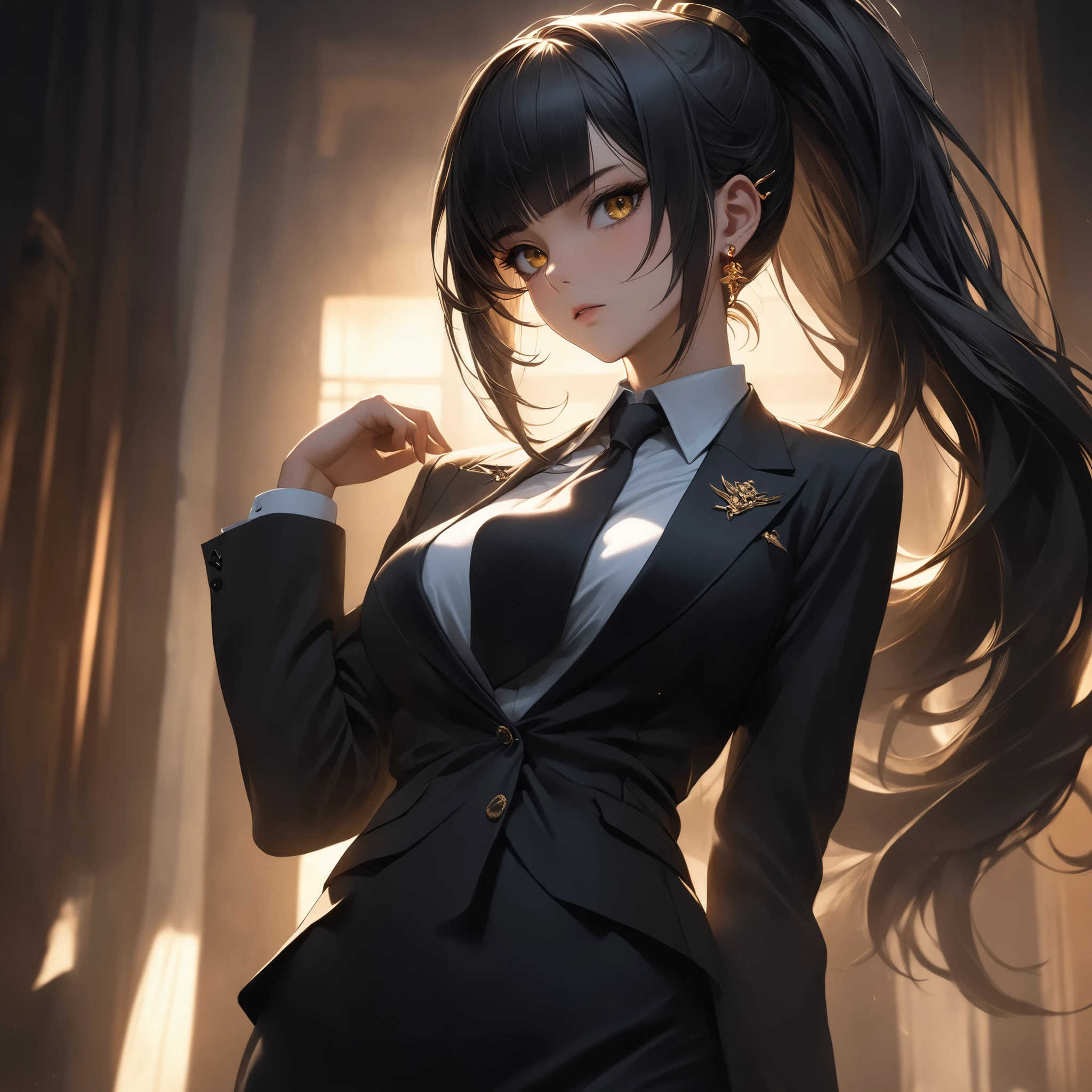 ((extreme quality)), ((Masterpiece)), ((Enrich the picture,Masterpiece level quality)), black hair, (( high ponytail, curtainbangs)), medium breasts, golden eyes, fierce woman, ultra eyes details, RAW 4K, Realistically , ((great effect to highlight the subject)) , ( cinematic lighting, moody, textile shading), perfect proportions, ultra detailed, volumetric lighting, soft lighting, glossy skin, beautiful face, Special face details, strong emotions, elegant gesture, Detailed facial features, Long eyelashes, contrast, Incredible atmosphere, Fascinating setting, Haunting beauty , black mini skirt, sexy white shirt , mafia suit , necktie , mini black skirt , ear rings, steet fashion , mafia boss,