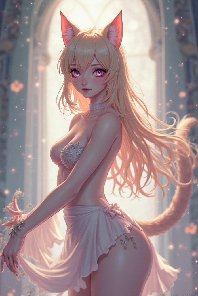 Fox girl, long flowing blonde hair, sexy, classic white dress, fox ears, fox tail, seductive pose, anime
