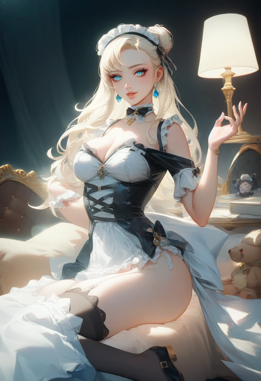 (hyperrealistic), (illustration), (high resolution), (8K), (extremely detailed), (best illustration), (beautiful detailed eyes), (best quality), (super detailed), (masterpiece), (wallpaper), (detailed face), solo, (dynamic pose), 1 girl, white wavy hair on the chair, korean, heterochromic eyes, small moles under the eyes, ((short apron)), medium , long legs, tightens abs, (camel t panties), (no brto --s2