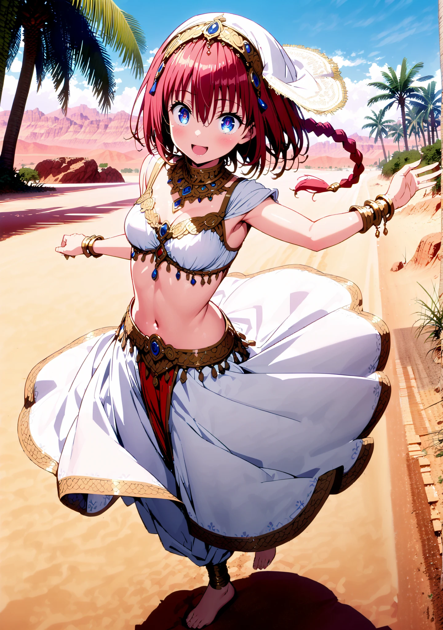 Kurosaki's thing , stupid hair, blue eyes, Single long braid, Hair Intake, hair ornament,red hair,smile,cover,opens her mouth,Medium breast, Harem outfit, White Veil, Arabian clothing,  collar , Mousebale, circlet , harem pants, bare feet,gold trim,  dancer ,Palm Tree,Dancing,standing,full bodyがillustrationsに入るように,break outdoors, desert,オアシス
break looking at viewer,full body,
break (masterpiece:1.2), Best Quality, high resolution, Unity 8k 壁紙, (illustrations:0.8), (beautiful detailed eyes:1.6), very detailed face,  so that it fits into the illustration, Extremely Detailed CG, (perfect hand, perfect anatomy),