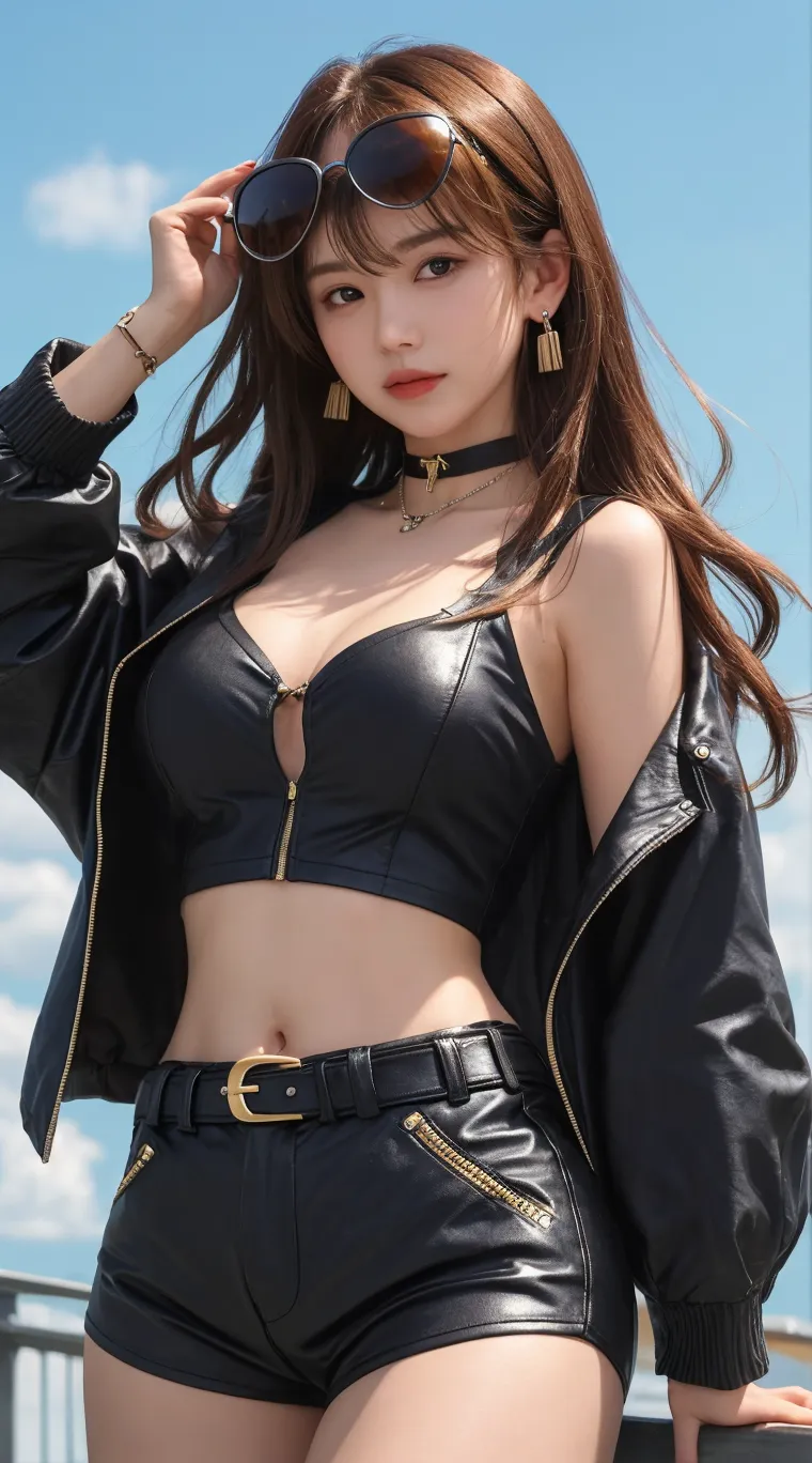 (masterpiece, best quality, (Katrina Kaif), solo, intricate details, chromatic aberration), realistic, ((medium breath)),long hair, Black hair, black head ornament, brown highlights, hair over one eye, black eyes, earrings, sharp eyes, choker, neon shirt, open jacket, crop top, (symmetry eyes),(perfect symmetrical body),against wall, brick wall, graffiti, dim lighting, alley ,look at viewer